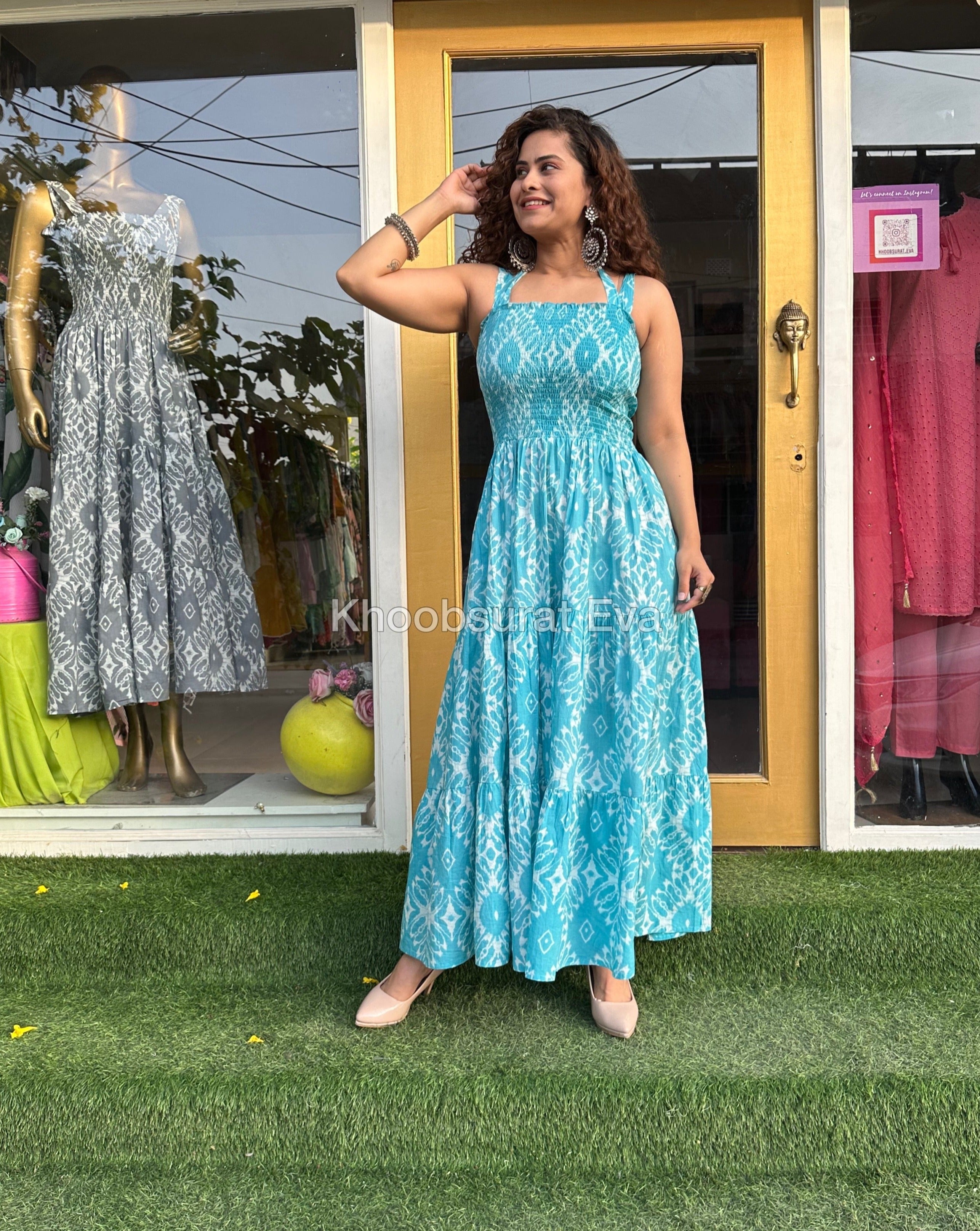 Blue Cotton Tiered Maxi Dress for Women - Flowy Boho Summer Dress with Pockets - Perfect for Beach, Vacation, and Casual Outings