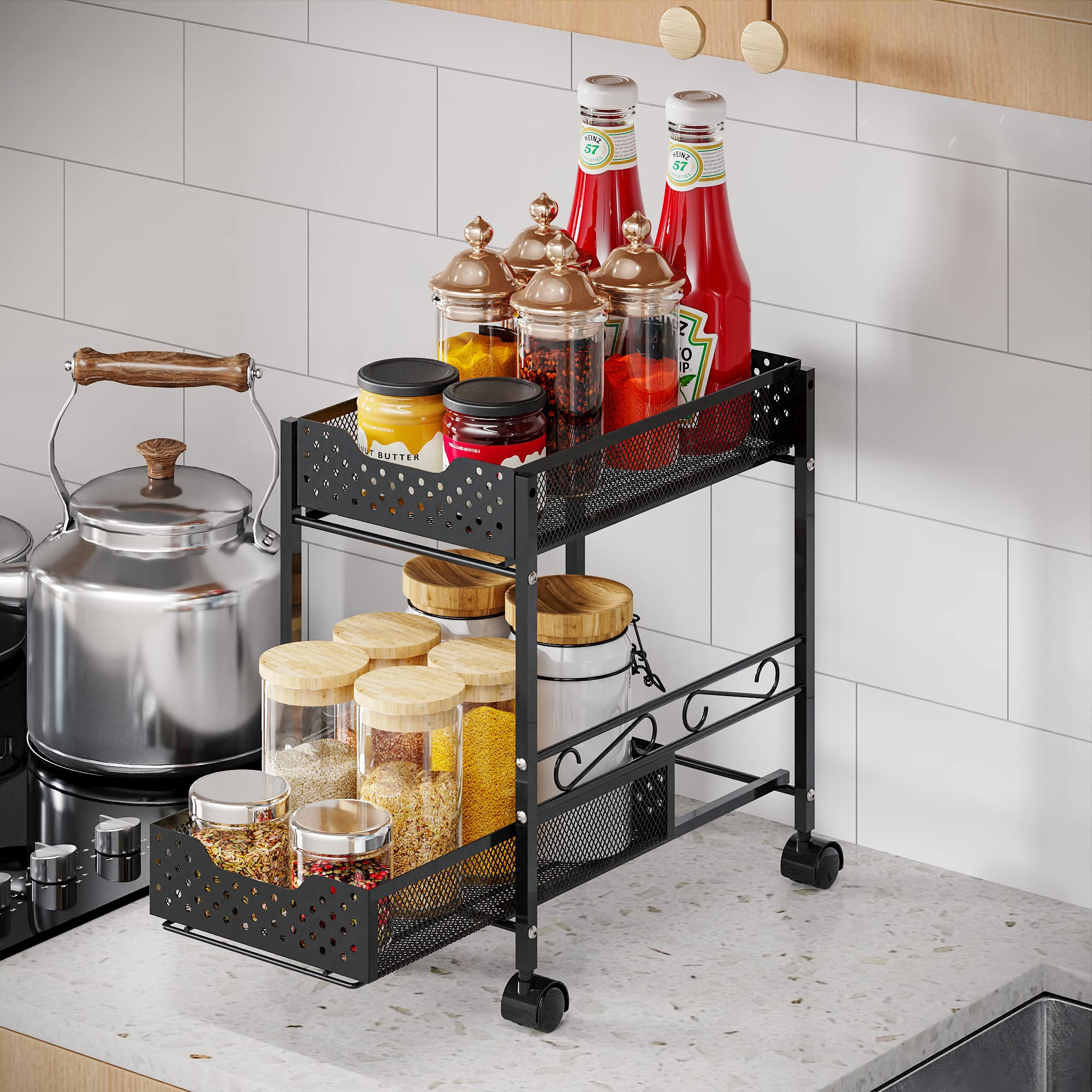 2-Pack 2-Tier Under Sink Organizer with Sliding Drawer - Space Saving Storage Solution for Kitchen & Bathroom Cabinets - Perfect for Organizing Cleaning Supplies, Cosmetics and Toiletries - Black