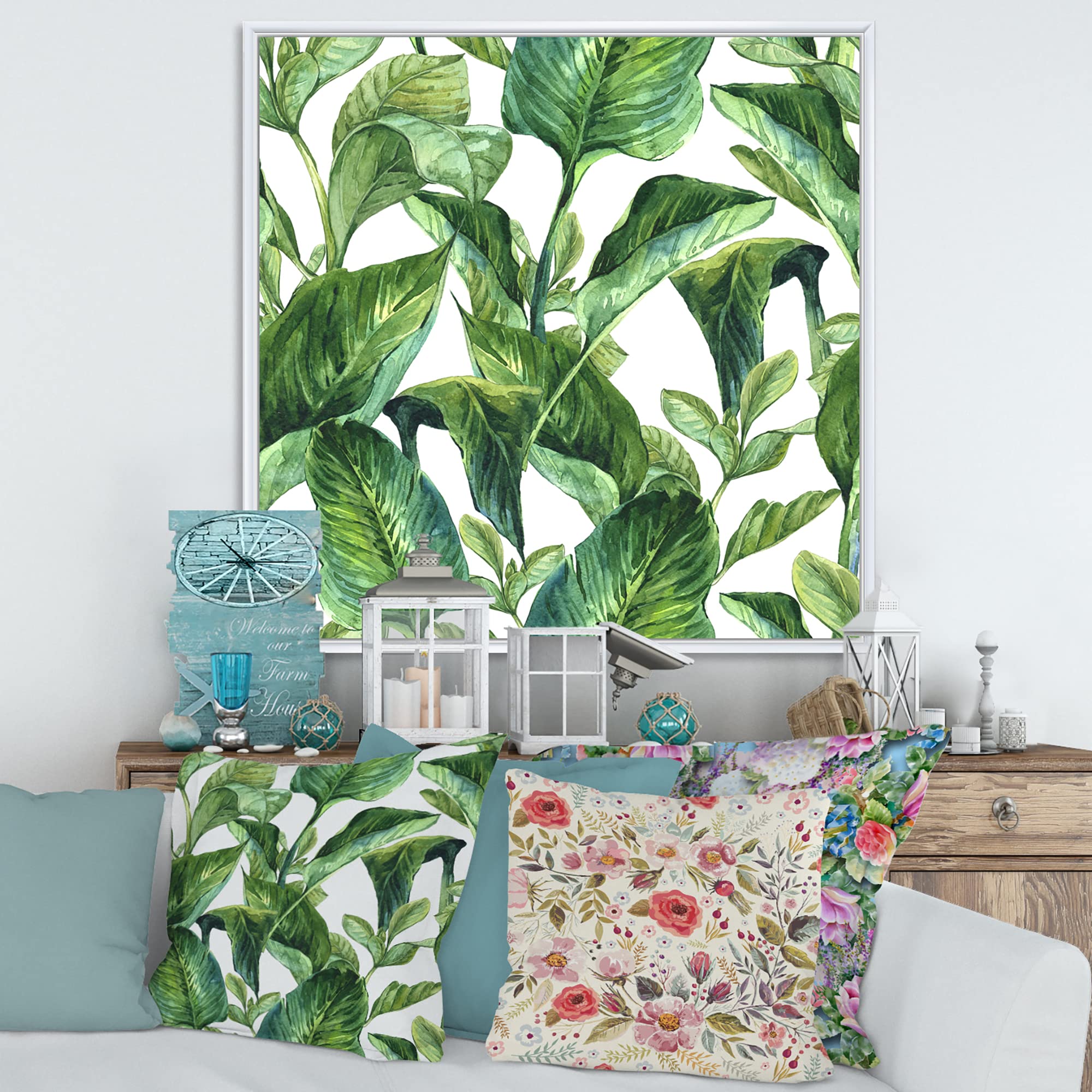 DesignQ Tropical Leaves Framed Canvas Wall Art Print - Vibrant Botanical Decor for Living Room, Bedroom & Office