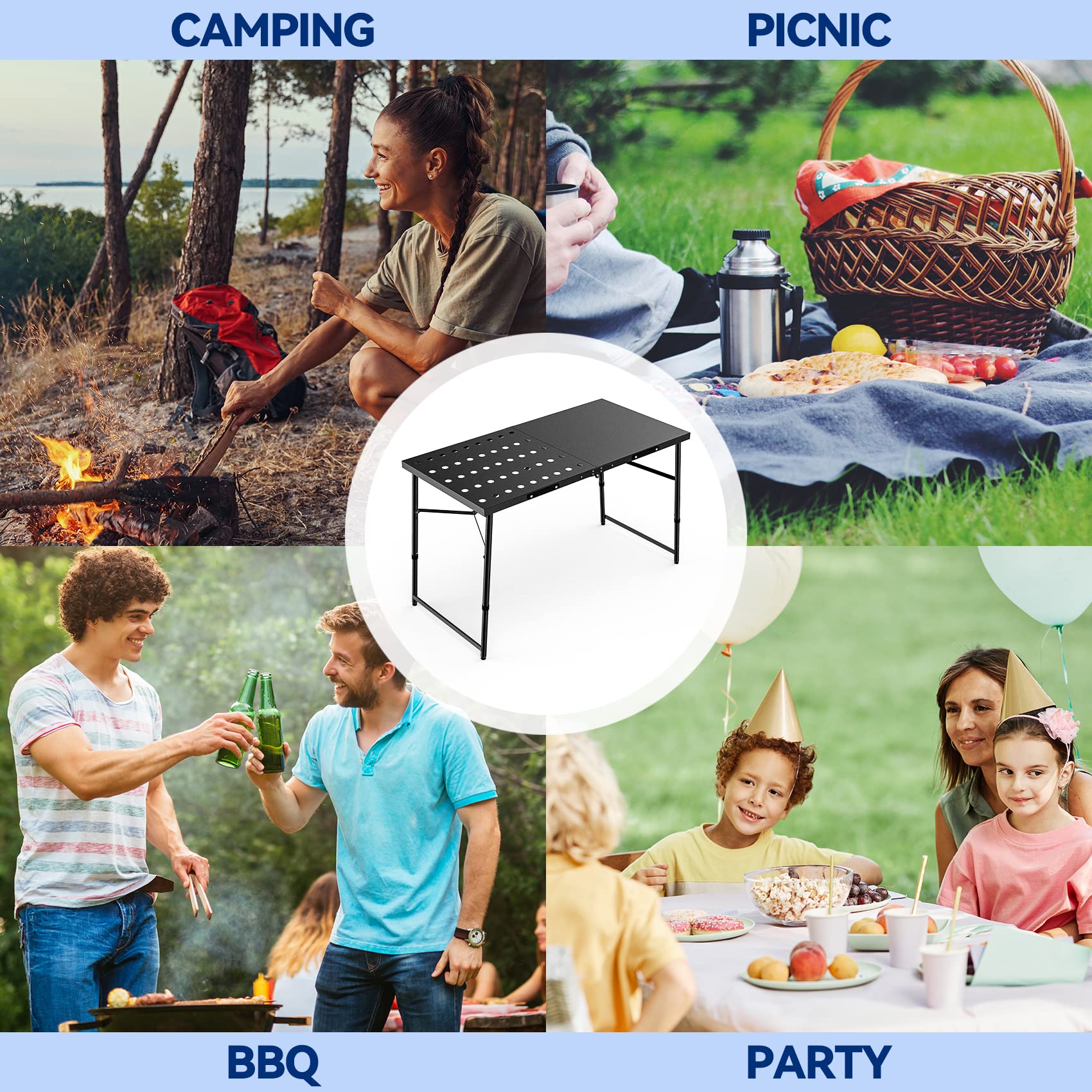 Skyflame Adjustable Height Folding Camping Table - Portable Black Metal Outdoor Grill Stand with Handle for BBQ, Grilling, Picnics, RV Trips & Tailgating | Perfect for Backyard Parties, Camping Adventures & Outdoor Cooking