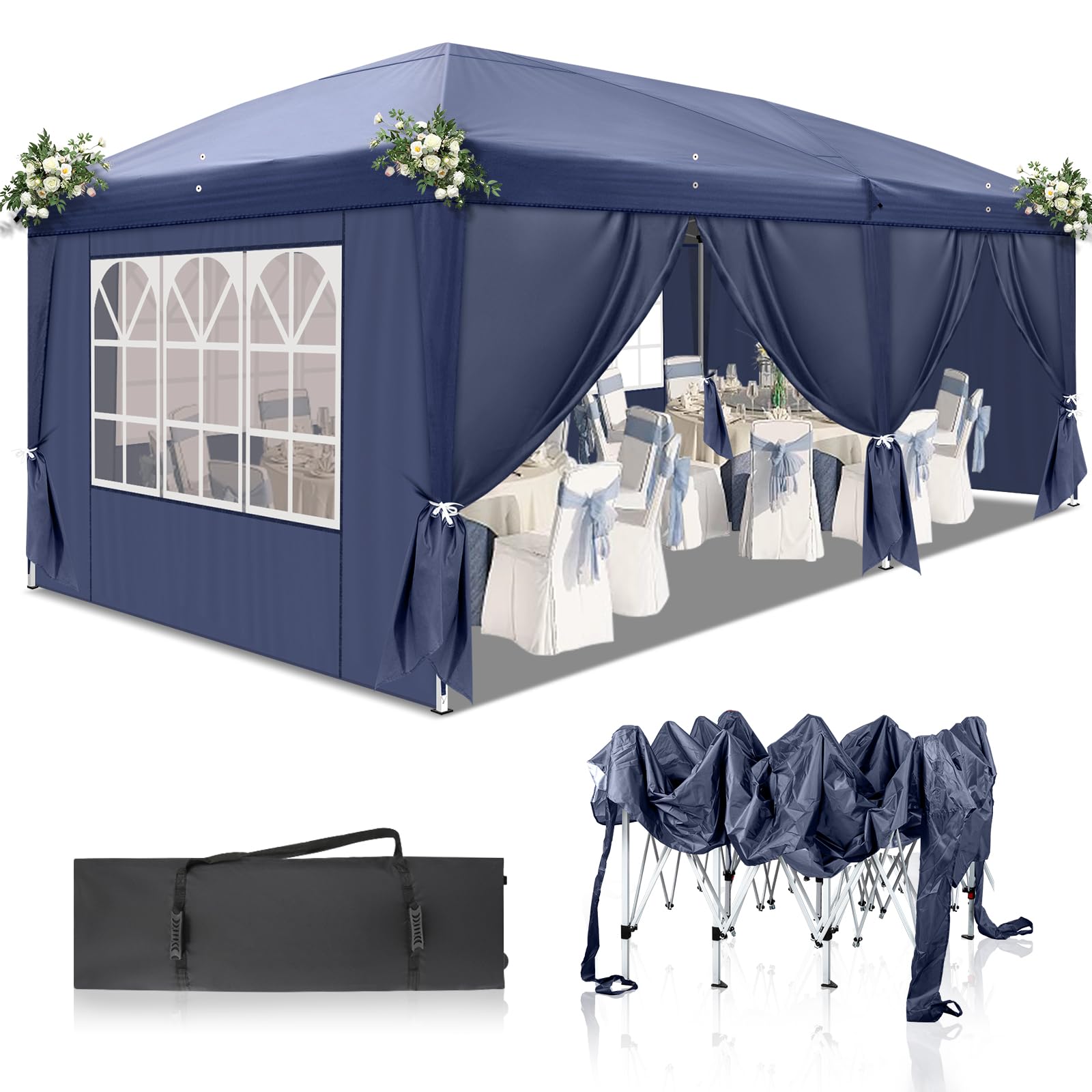 10' x 20' Pop Up Canopy Tent with Removable Sidewalls & Carry Bag - Instant Shelter with Zipper Door - Portable Easy Setup Commercial Canopy for Outdoor Parties, Backyard Events, Farmers Markets & Beach Use - Waterproof Blue Outdoor Tent