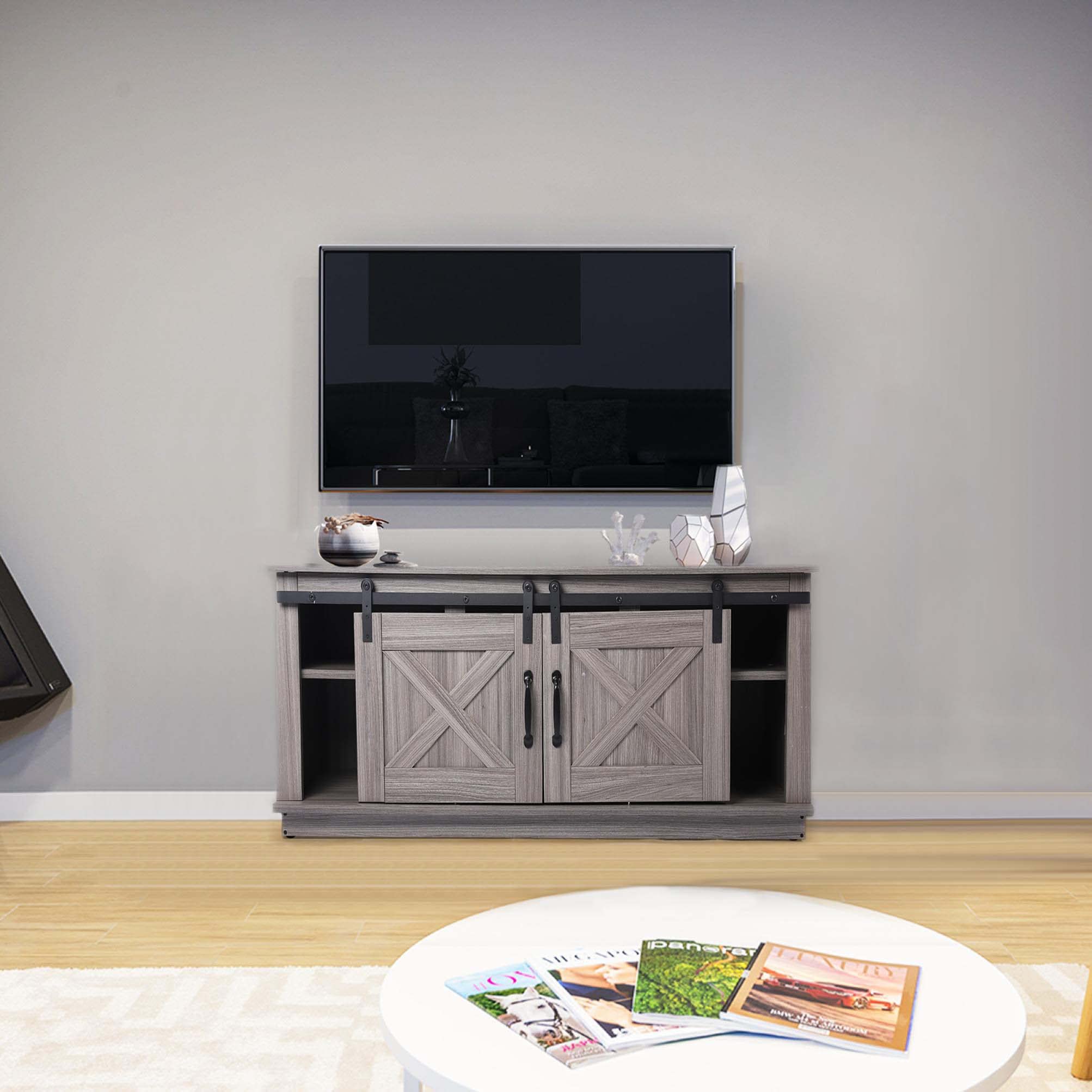 46 Inch TV Stand with Barn Doors - Modern TV Console Entertainment Center for Living Room, Bedroom & Home Theater - Rustic Media Storage Cabinet for TV, Gaming & Streaming Devices