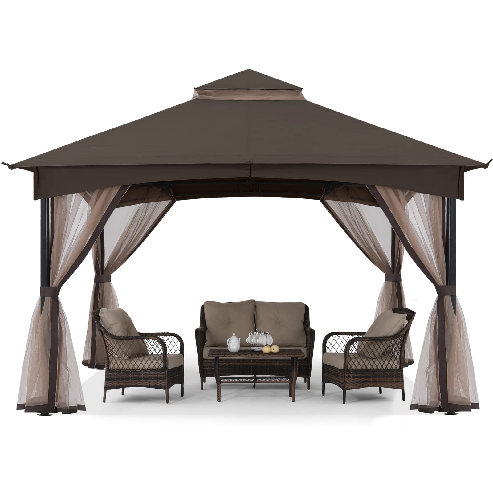 Tool-Free Patio Gazebo with Netting Walls - Easy Screw-Free Installation 11x11ft Dark Brown Outdoor Garden Canopy for Backyard, Deck, and Poolside Relaxation