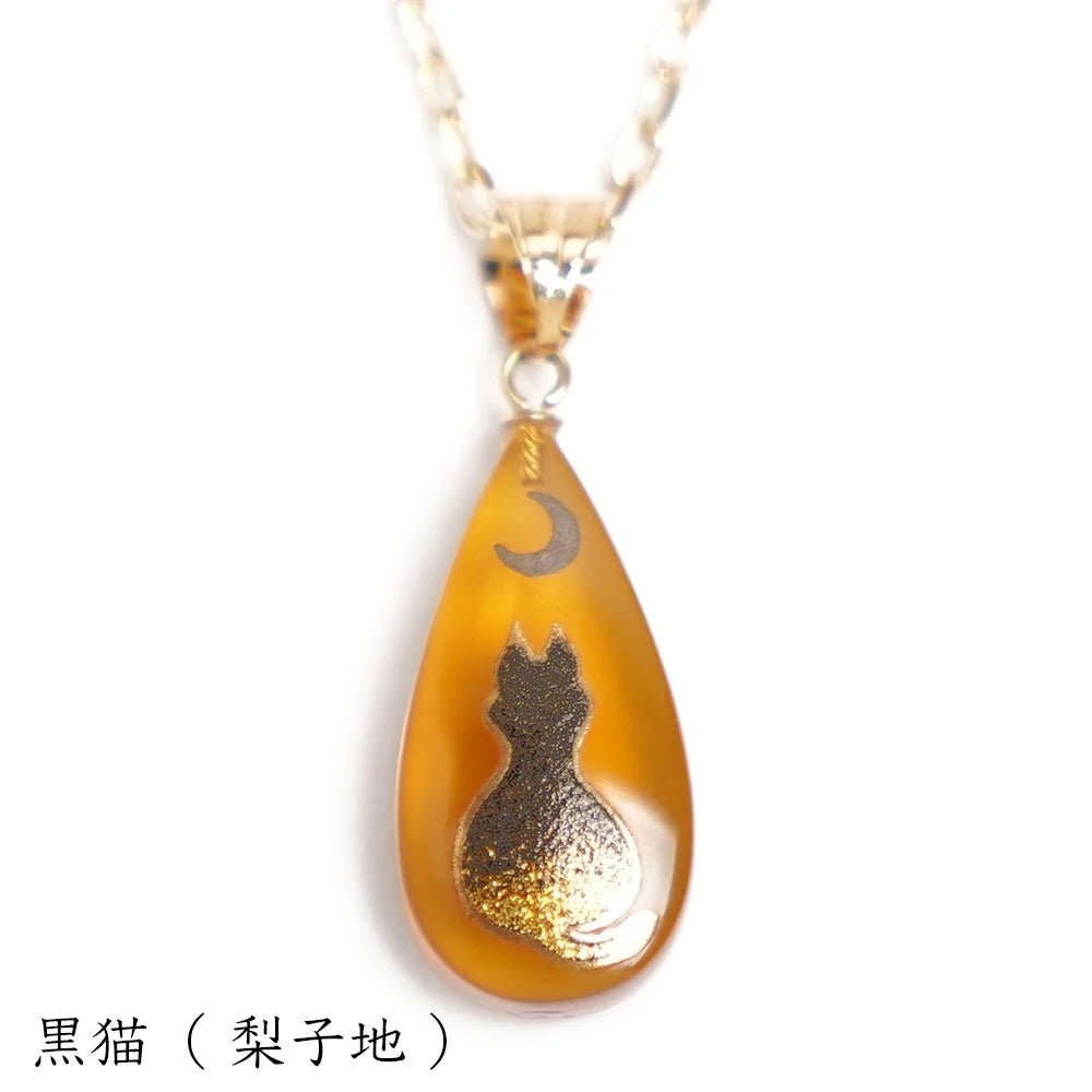 Handcrafted Japanese Maki-e Urushi Lacquer Pendant Necklace - White Tortoiseshell & Black Cat Design | Traditional Asian Jewelry for Women | Perfect Gift for Birthday, Anniversary & Special Occasions