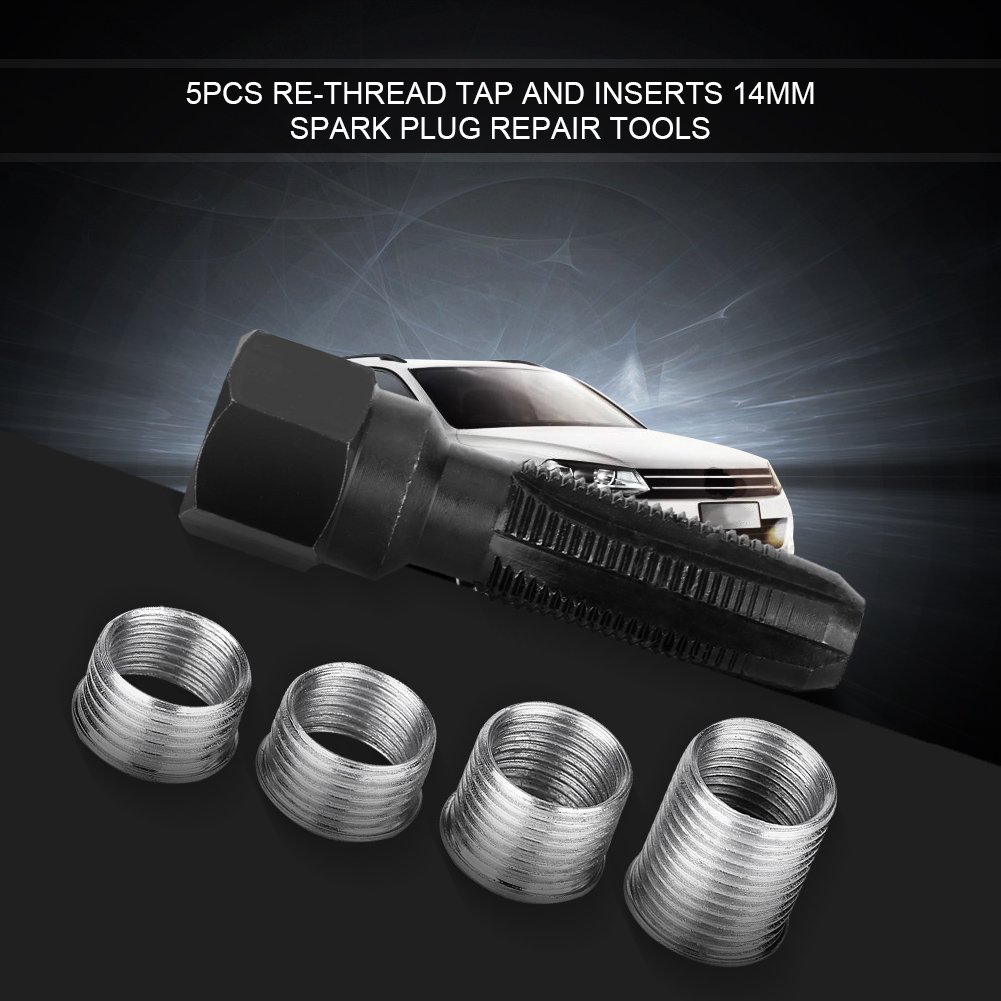High-Quality Carbon Steel Spark Plug Rethread Kit - 14mm Thread Insert Repair Tool with 4 Durable Spark Plug Inserts | Perfect for Automotive, Motorcycle & Small Engine Maintenance