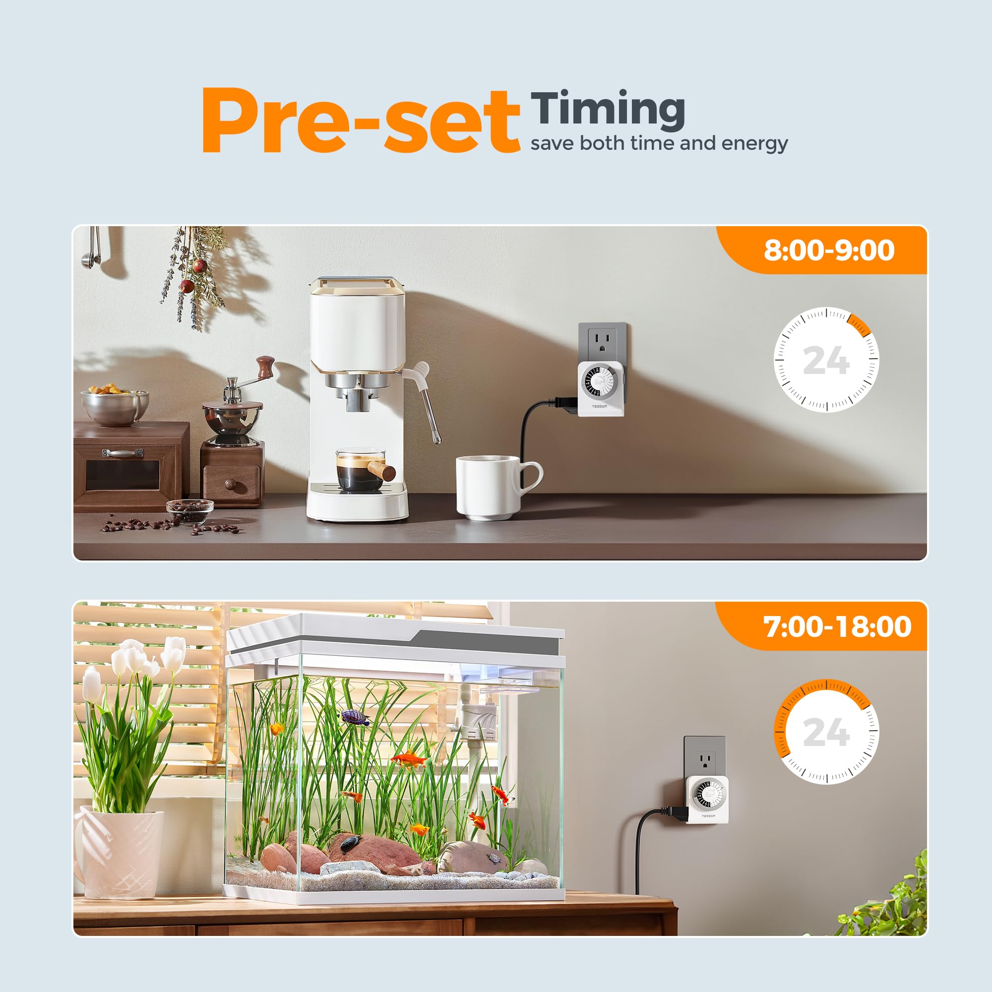 TESSAN 24-Hour Mechanical Outlet Timer with Dual 3-Prong Sockets - 30-Minute Intervals for Lamps, Christmas Lights & Fans - Indoor Electrical Plug Timer (2 Pack) - Perfect for Home, Office & Holiday Decorations