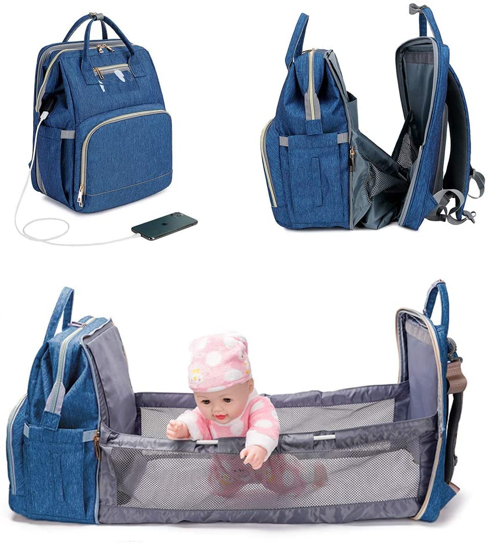 3 in 1 Multifunctional Diaper Backpack - Waterproof Baby Bag with Foldable Bed & USB Charging Port (Dark Blue) - Perfect for Travel, Outings & Nursing Moms
