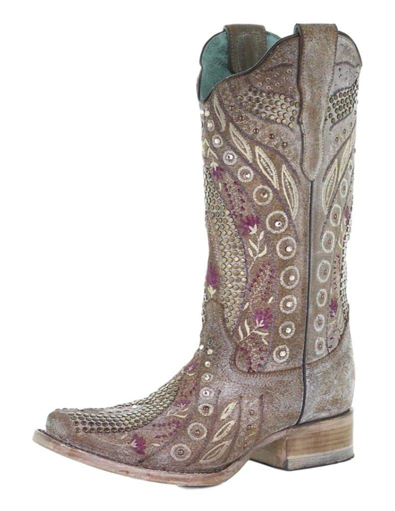 Women's Corral Mauve Studded Floral & Crystal Embellished Square Toe Western Boots E1520 - Perfect for Country Dancing, Rodeos & Western Fashion Outfits