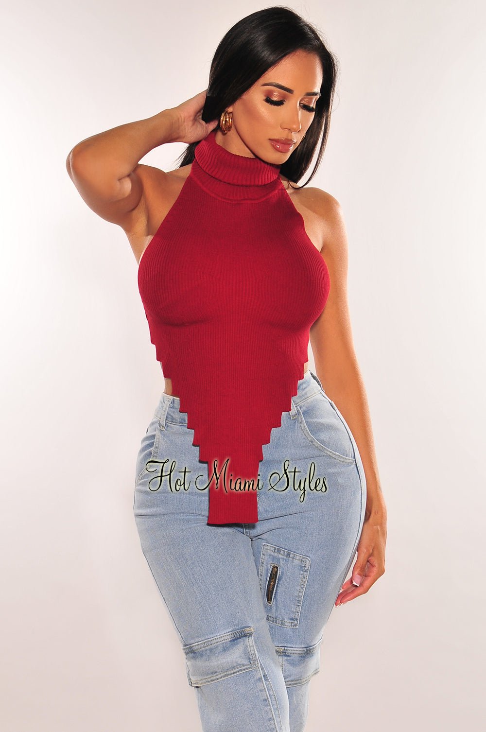 Burgundy Ribbed Knit Turtleneck Sleeveless Asymmetrical Crop Top for Women - Fashionable Winter Layering Piece for Parties & Date Nights