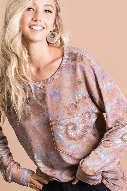 BiBi Tie Dye Print Terry Cotton Top with Front Patch Pocket - Women's Casual Loungewear for Summer & Beach