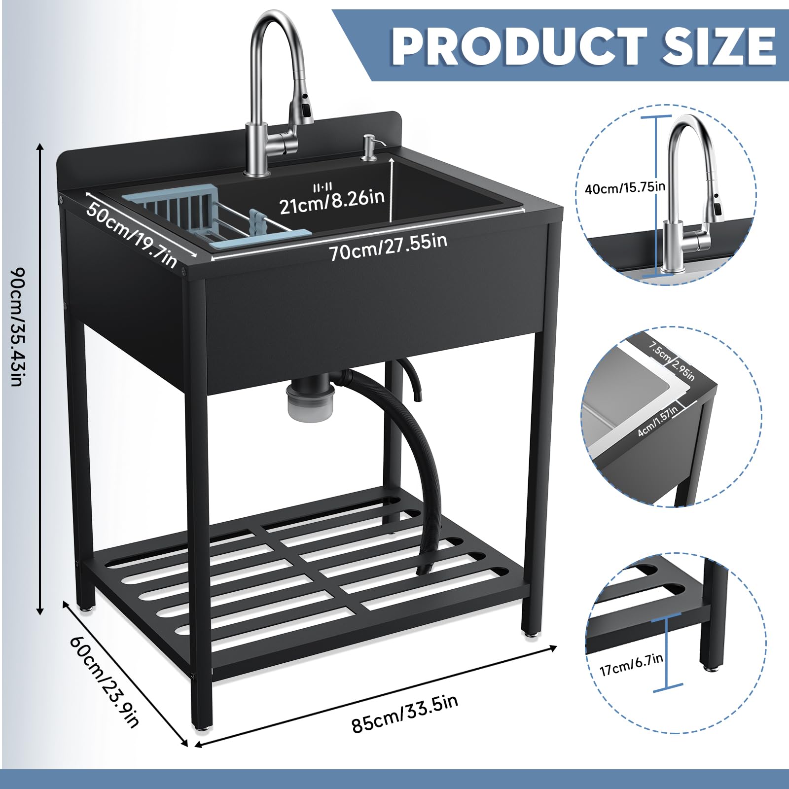 33 Inch Stainless Steel Utility Sink with Hot & Cold Water Faucet - Commercial Kitchen & Outdoor Sink with Drain Kit - Heavy Duty Laundry Sink for Bathroom, Garage, Workshop & RV Use (Black)