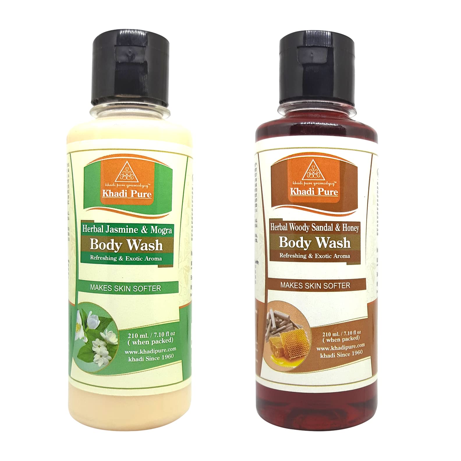Khadi Pure Jasmine Mogra & Woody Sandal Body Wash - 210ml (Pack of 2) | Natural Ayurvedic Body Cleanser for Soft & Glowing Skin | Perfect for Daily Shower & Spa Day Relaxation