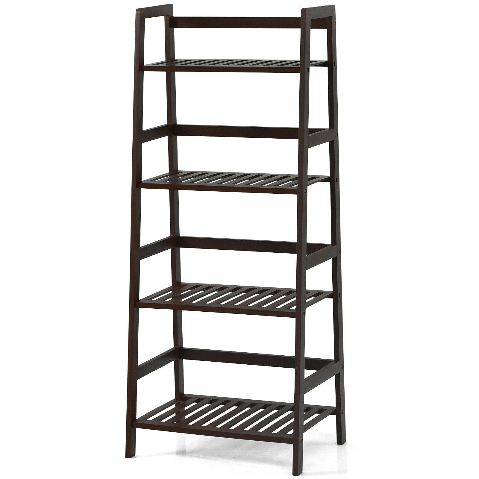 4-Tier Bamboo Ladder Shelf - Dark Brown Multi-Purpose Storage Rack for Plants, Books, Bathroom & Home Decor | Space-Saving Wall Shelf for Bedroom, Living Room, Office & Small Spaces