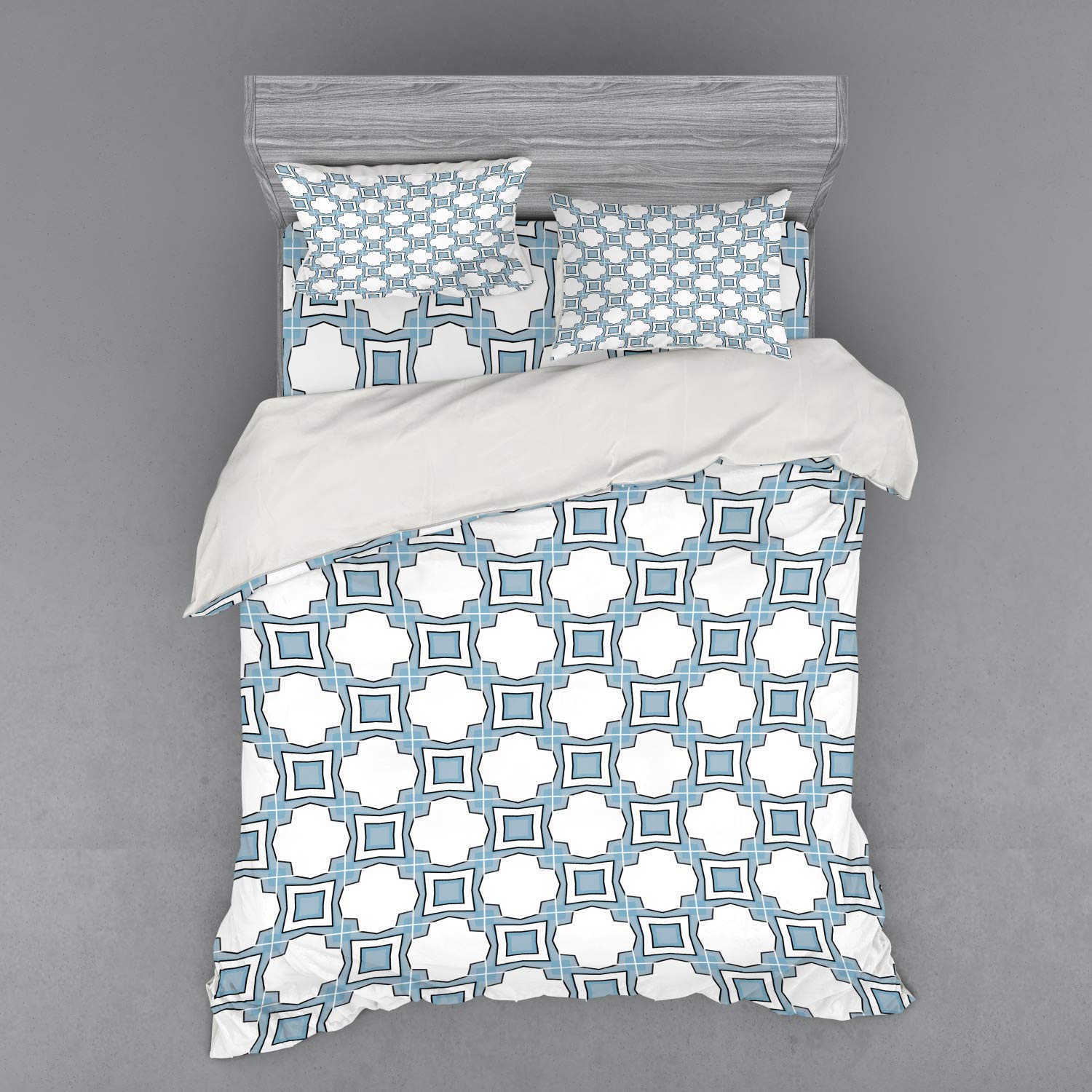 Ambesonne European Queen Size Bedding Set - Portuguese Style Geometric Abstract Print Duvet Cover with Shams & Fitted Sheet, Blue & White | Luxury Bedroom Decor for Modern Homes
