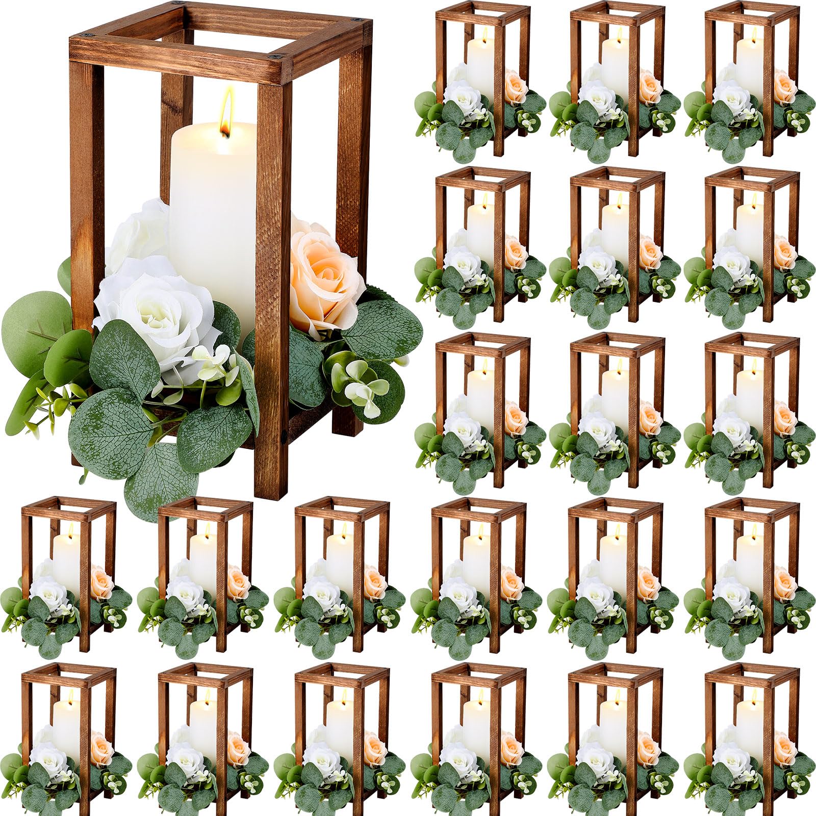 24 Pcs Wooden Candle Lanterns - Rustic Farmhouse Wedding Centerpieces, Bulk Brown Wood Candle Holders for Tables (10.59 Inch High) - Perfect for Wedding Decor, Baby Shower, Party & Home Decoration