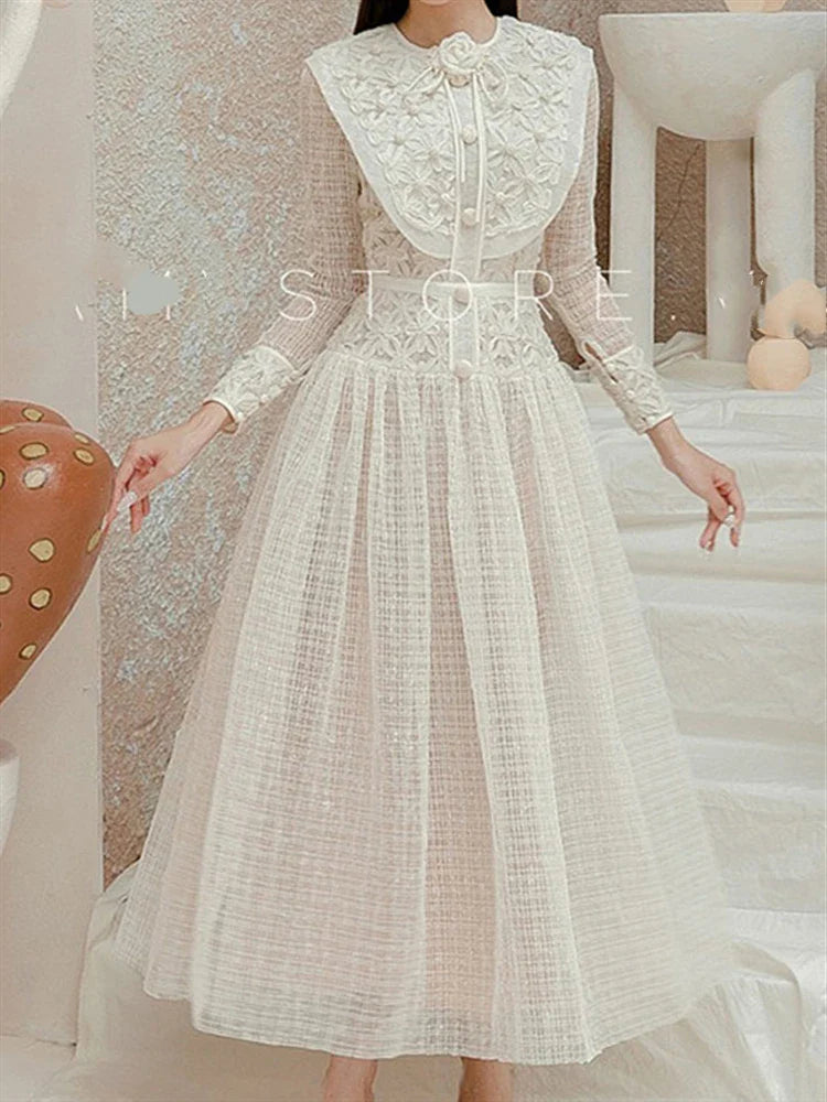 Elegant Boho Vintage Women's Dress - Embroidered Lace High Waist Long Sleeve Party Gown for Autumn & Spring | Perfect for Weddings, Cocktail Parties & Special Occasions