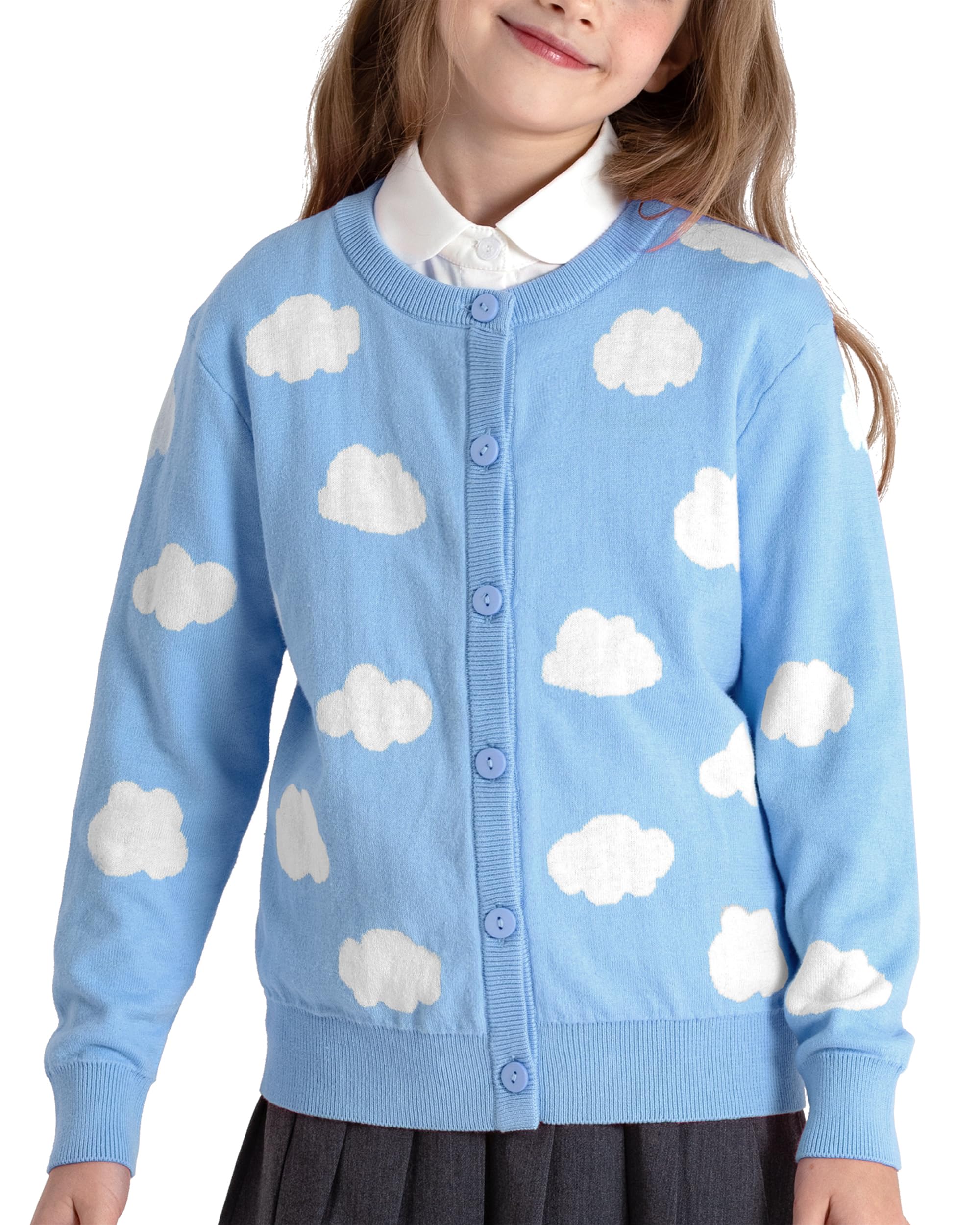 BOBOYOYO Girls Cute 100% Cotton Button Up Cardigan Sweater - Long Sleeve Knit Crewneck Kawaii Clothes for Kids - Perfect for School, Casual Wear & Family Outings