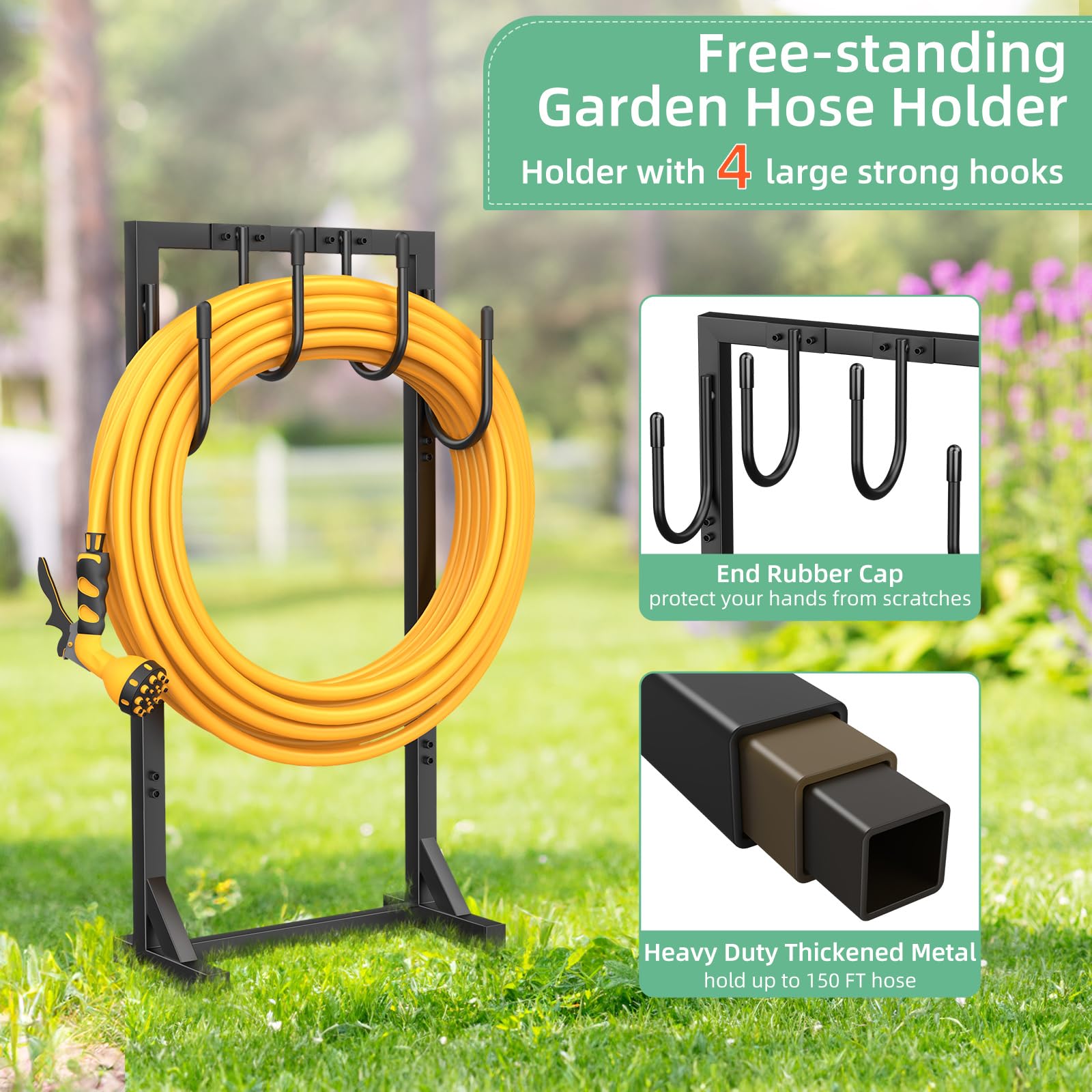 Upgraded Heavy Duty Metal Garden Hose Reel Holder - Freestanding 150ft Hose Storage with 4 Large Hooks, Detachable Outdoor Water Hose Organizer - Perfect for Yard, Lawn, Garden Watering and Outdoor Storage