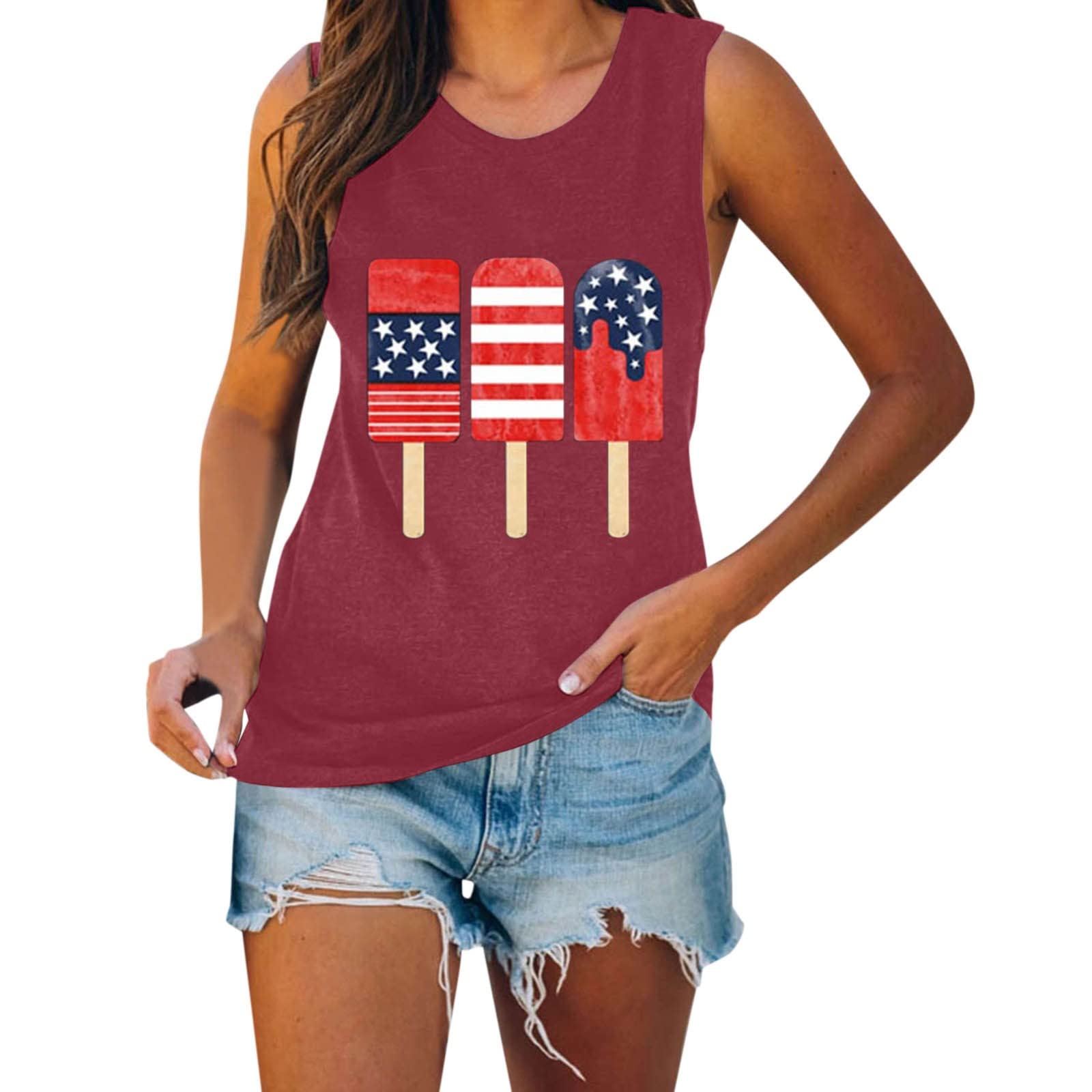 Women's Independence Day Printed Tank Top - Summer Casual Sleeveless Muscle Tee - Athletic Compression Vest - Long Fit (Wine Red, XXL) - Perfect for 4th of July Celebrations, Gym Workouts & Summer Outings