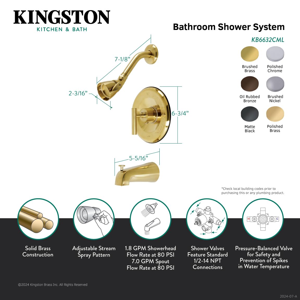 Kingston Brass KB6632CML 7-Inch Polished Brass Tub and Shower Faucet - Vintage Style Bathroom Fixture for Modern Showers and Bathtubs
