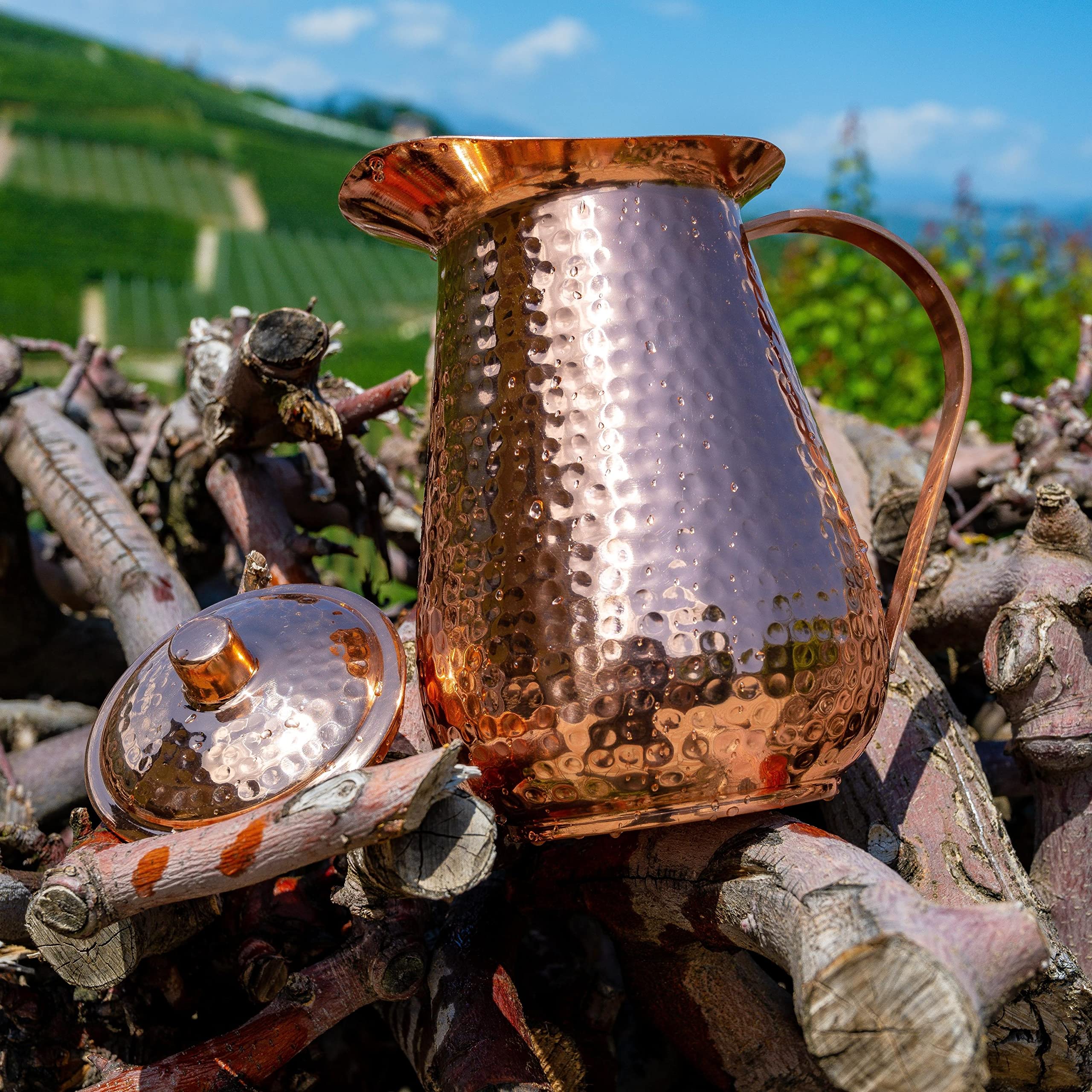 68oz Pure Copper Handmade Hammered Pitcher with Lid & 12oz Cups - Promote Hydration, Reduce Sugar Intake & Boost Health Benefits - Perfect Bedside Carafe for Water, Juice & Wellness Drinks
