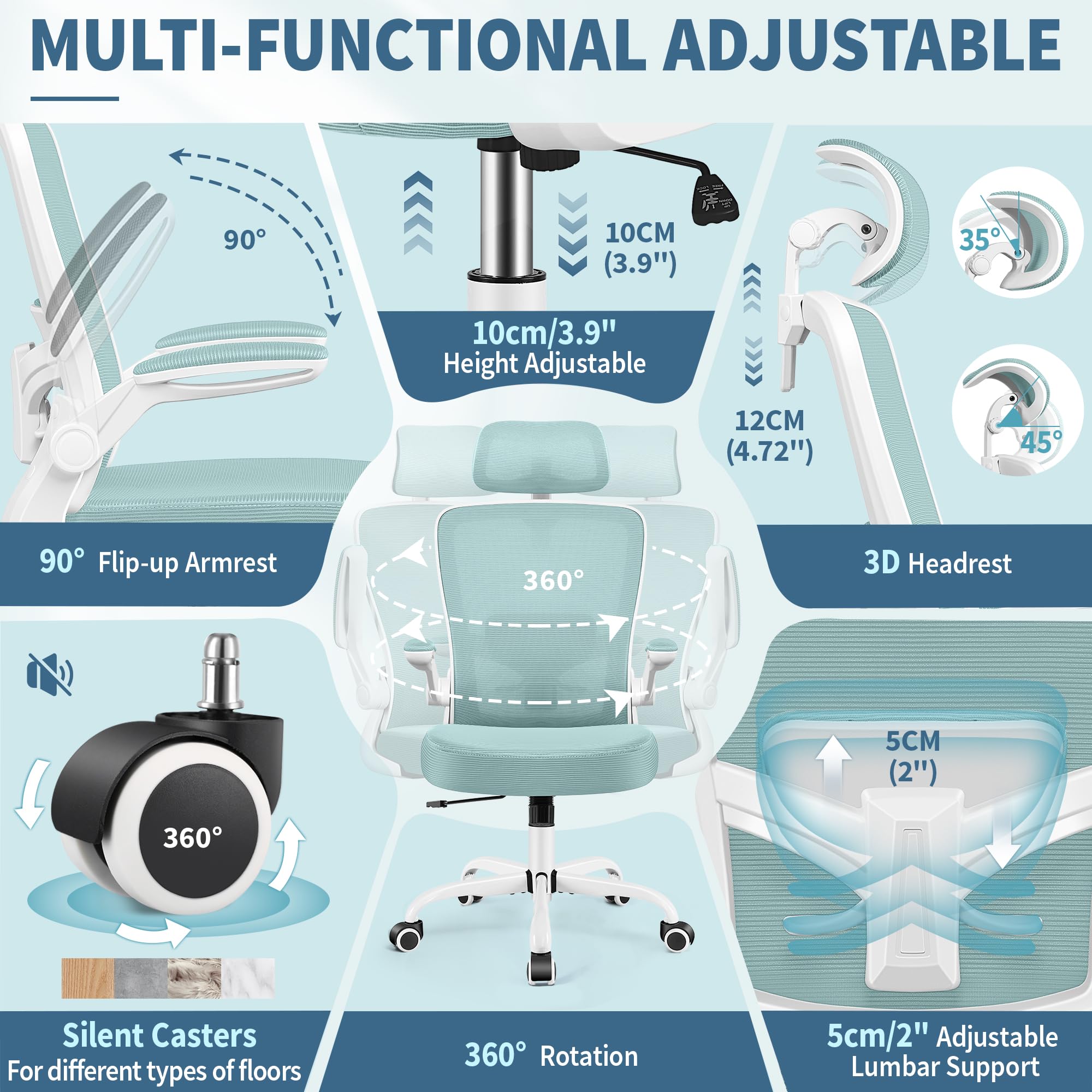 FelixKing Ergonomic Office Chair with Adjustable Lumbar Support & Headrest - High Back Swivel Task Chair for Home Office, Gaming & Work - Light Blue Adjustable Height Desk Chair with Armrests | Perfect for Long Work Hours, Online Meetings & PC Gaming Sessions