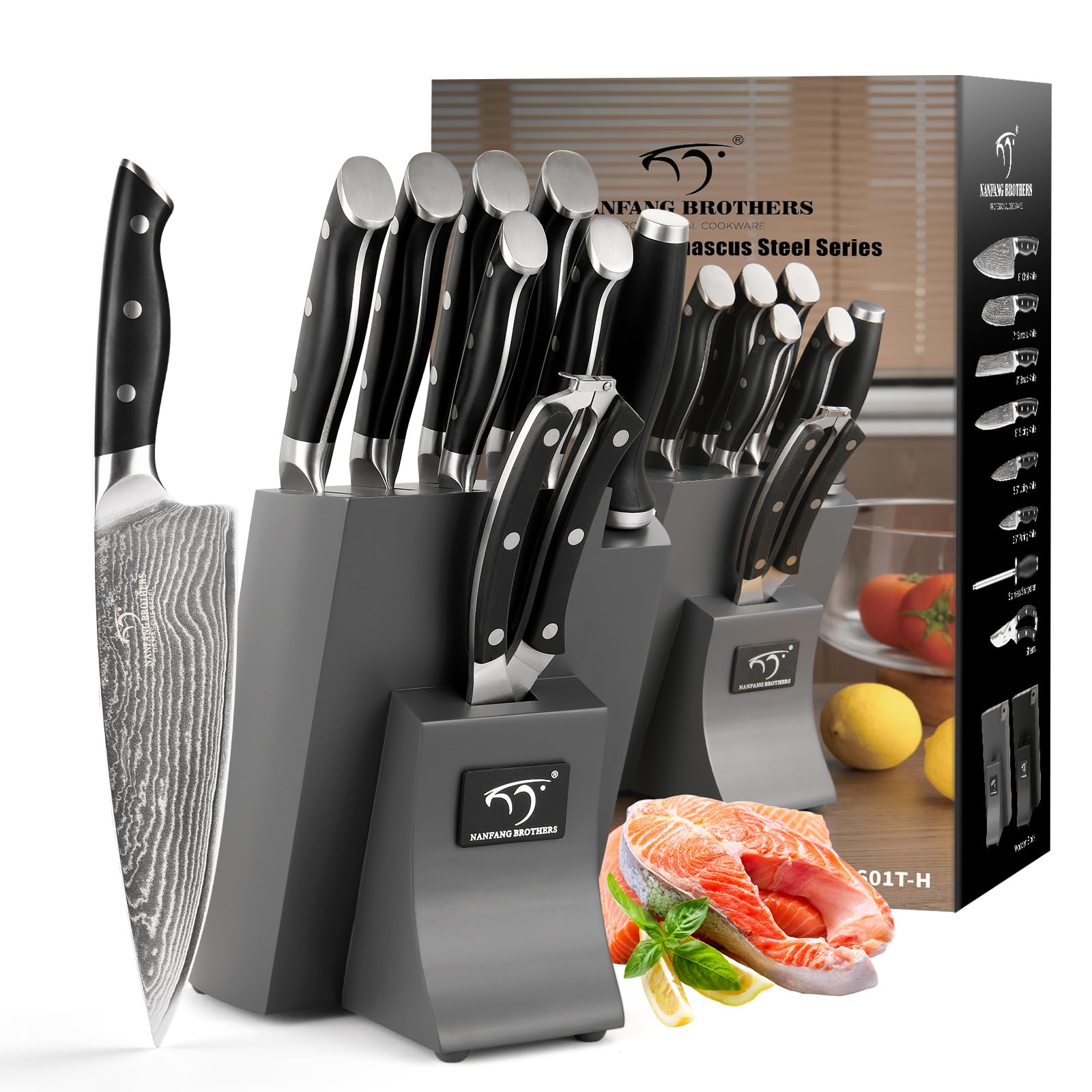 Premium 9-Piece Damascus Steel Knife Set with Block - Chef Knives, Sharpener & Shears - Ergonomic ABS Handle for Professional Cooking - Perfect for Home Chefs & Culinary Enthusiasts - Ideal for Meat Cutting, Vegetable Prep & Kitchen Tasks