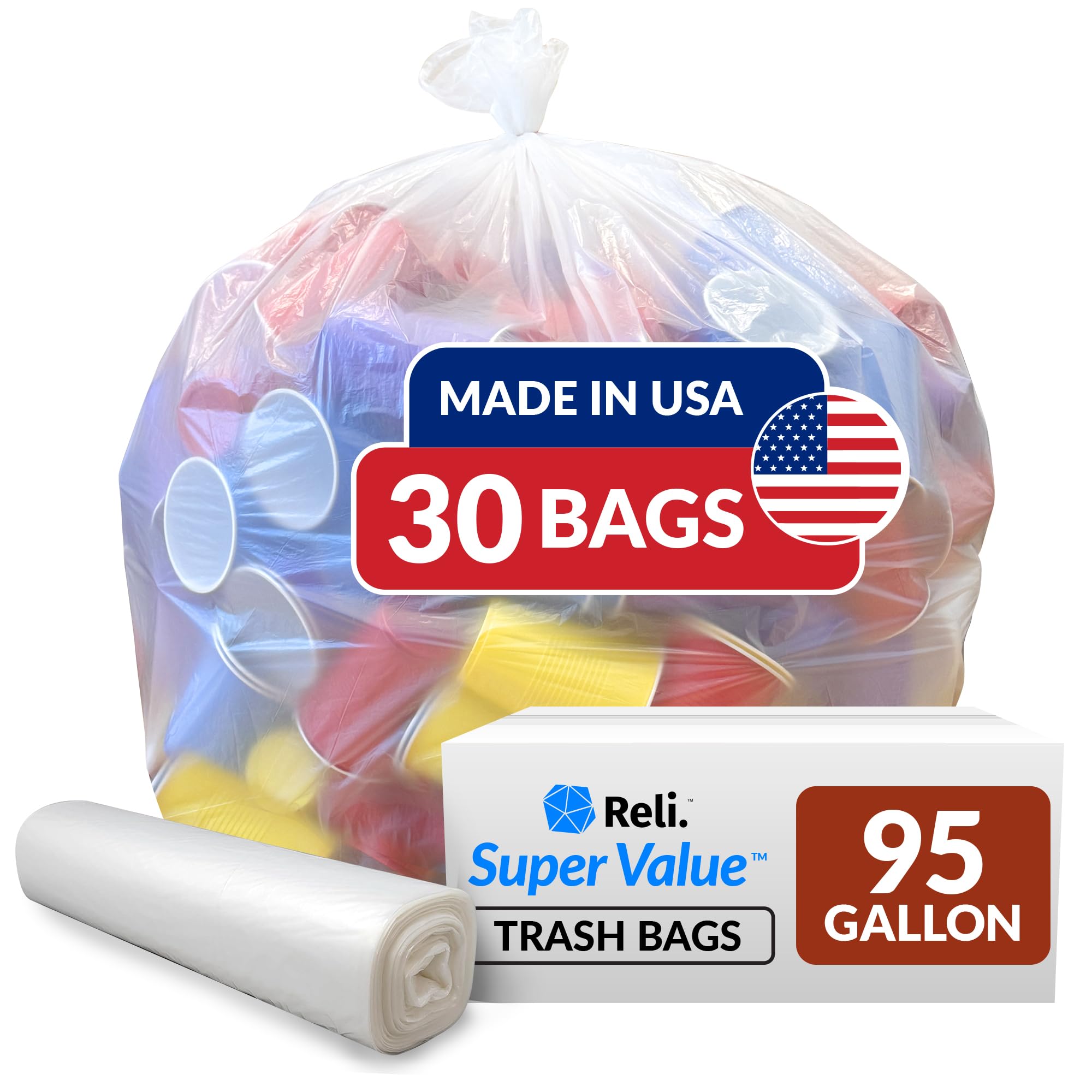 Reliable 95 Gallon Heavy Duty Trash Bags - 30 Count Super Size Clear Garbage Bags for Commercial & Home Use - Perfect for Construction Sites, Yard Waste & Large Cleanups