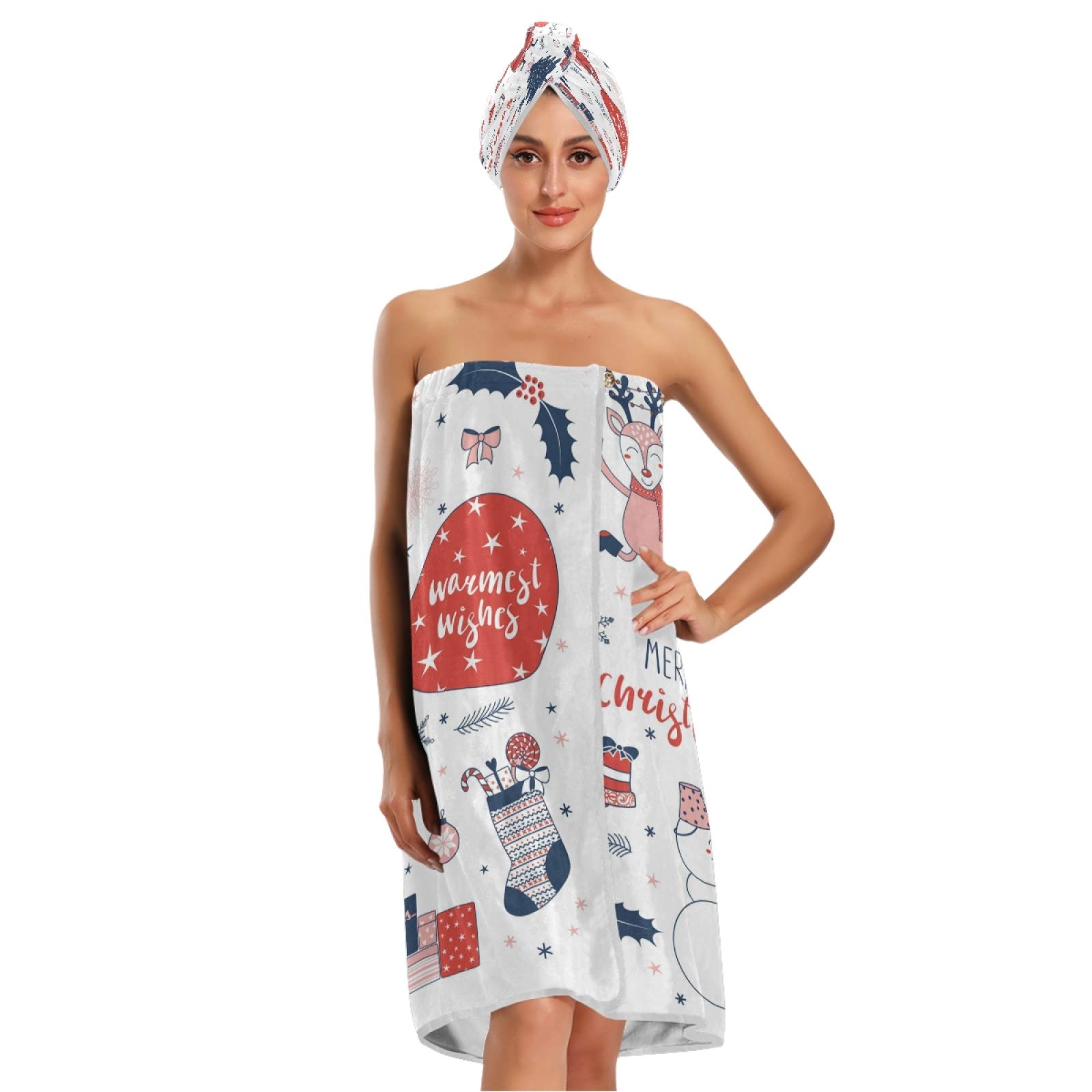 ATTX Women's Spa Towel Wrap Set of 3 - Soft Christmas Cute Cartoon Deer Bathrobe & Shower Bath Body Wrap with Adjustable Closure - Perfect for Spa Day, Gift Giving & Relaxing at Home