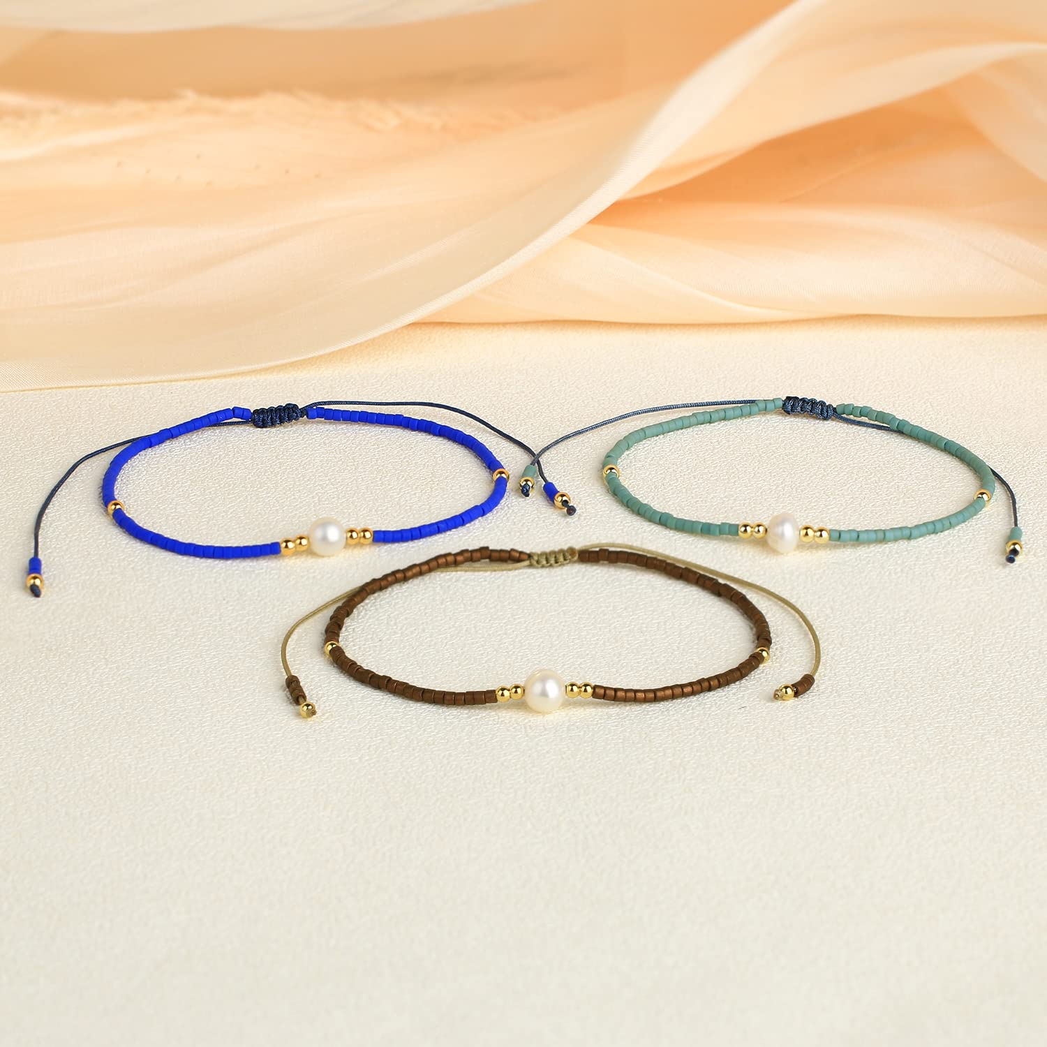 KELITCH 3-Piece Natural Pearl Bracelet Set for Women - Dainty Thin Rope Friendship Bracelets, Handmade Stackable Charm Bracelets - Perfect for Gifts, Layering & Everyday Wear