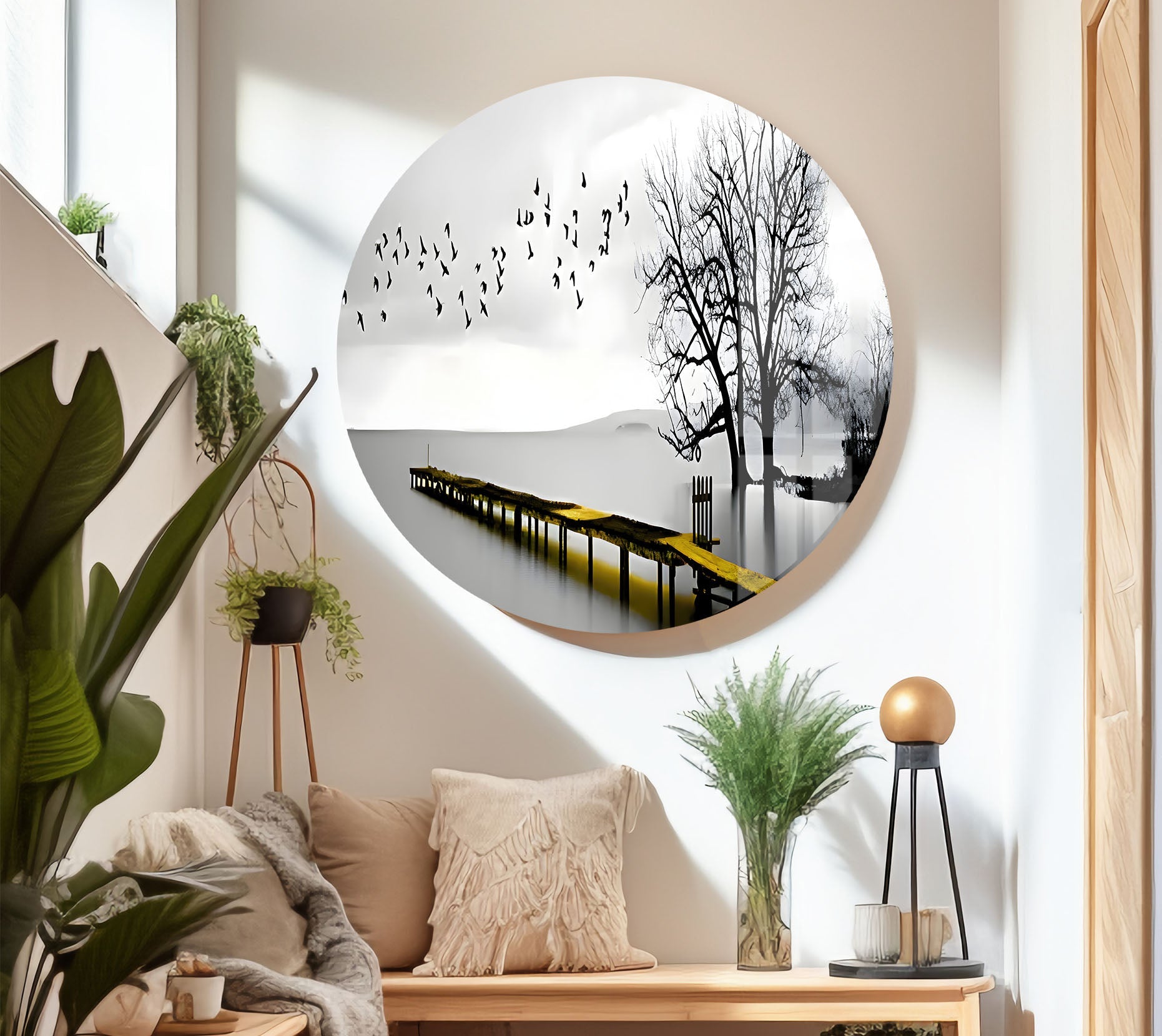 Black and White Dock & Birds Glass Wall Art - Elegant Coastal Decor for Living Room, Bedroom, or Office