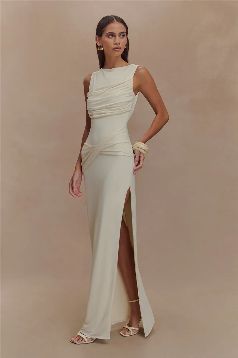 Sexy Backless Ruched Maxi Tank Dress for Women - Elegant O Neck Thigh High Split Bodycon Long Gown | Perfect for Summer Parties, Date Nights & Beach Vacations