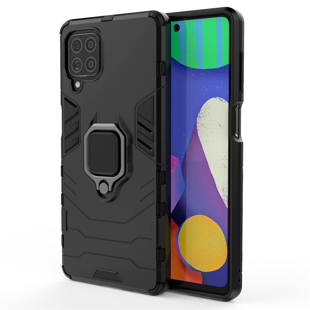 Samsung Galaxy F62 Case with Metal Ring & Kickstand - Shockproof Hard Bumper, Magnetic Car Mount Compatible, Dual Layer Rugged Cover (Black) - Perfect for Outdoor Activities, Travel & Daily Protection