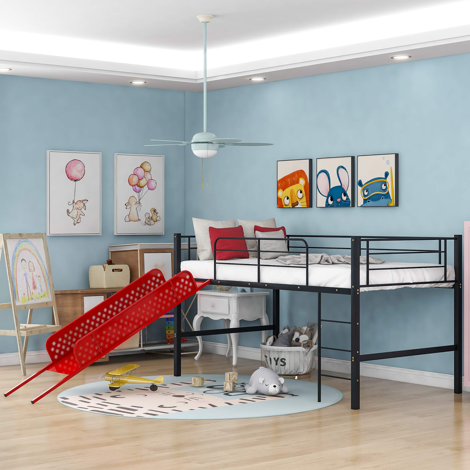 **Kids Twin Loft Bed with Slide - Sturdy Metal Low Loft Bed, Built-in Ladder & Safety Guard Rail, Multifunctional Space-Saving Design, No Box Spring Required (Red) - Perfect for Small Bedrooms, Playrooms & Dorm Rooms**