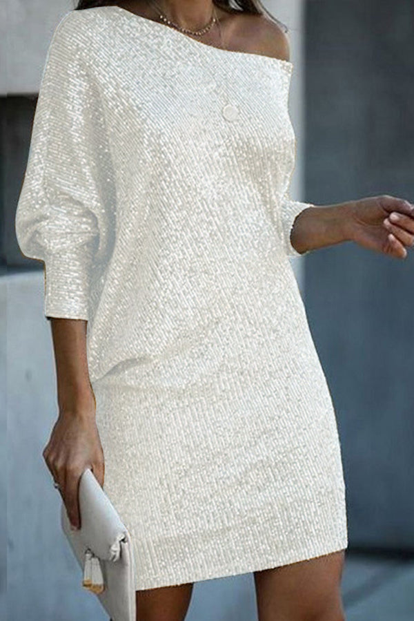 Elegant Solid Sequined Off-Shoulder Loose Mini Dress for Women - Perfect for Parties, Date Nights & Special Occasions