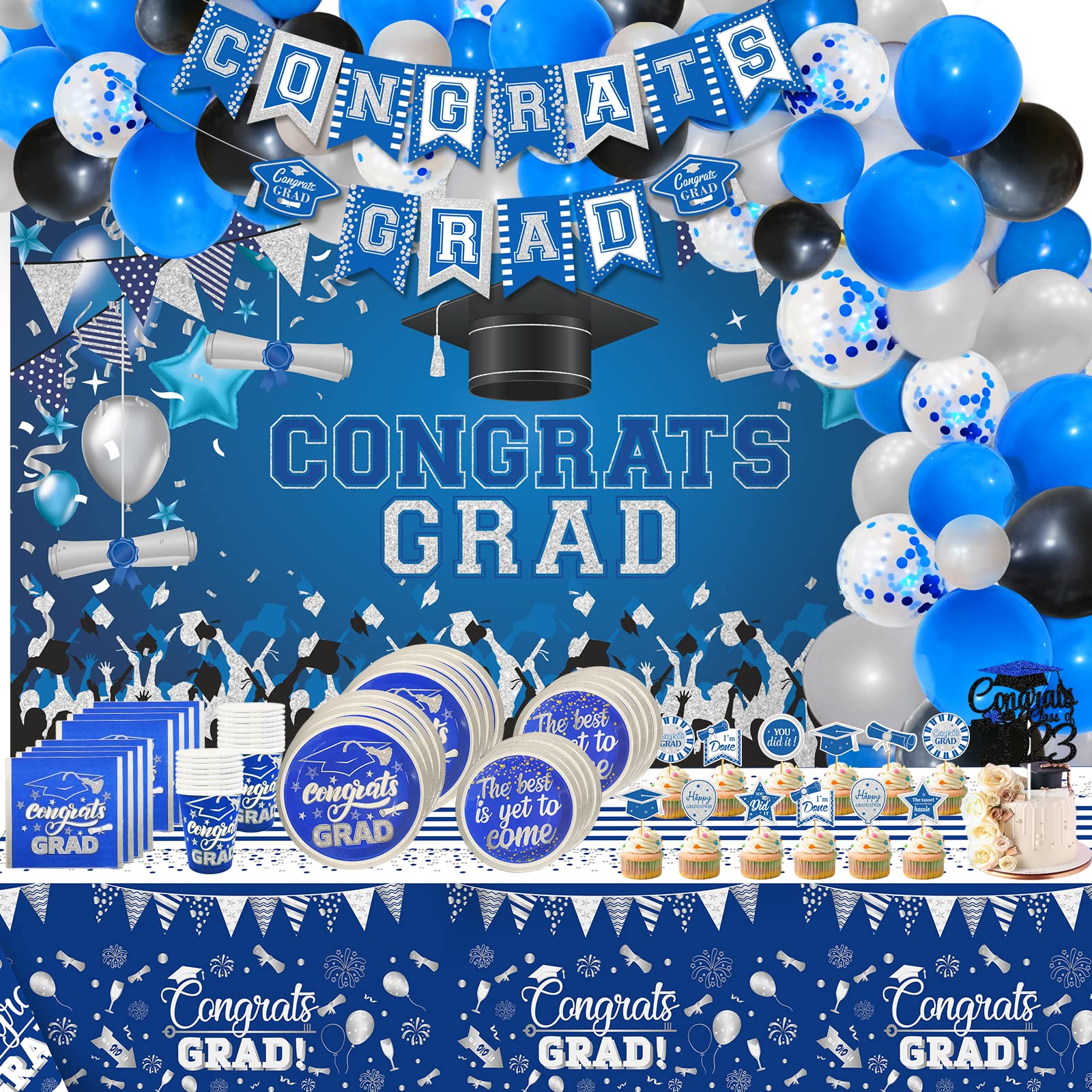 164Pcs Blue and White Graduation Party Decorations Set - Class of 2024 Backdrop, Plates, Napkins & Tablecloths | Perfect for Graduation Ceremonies, Parties & Photo Booths