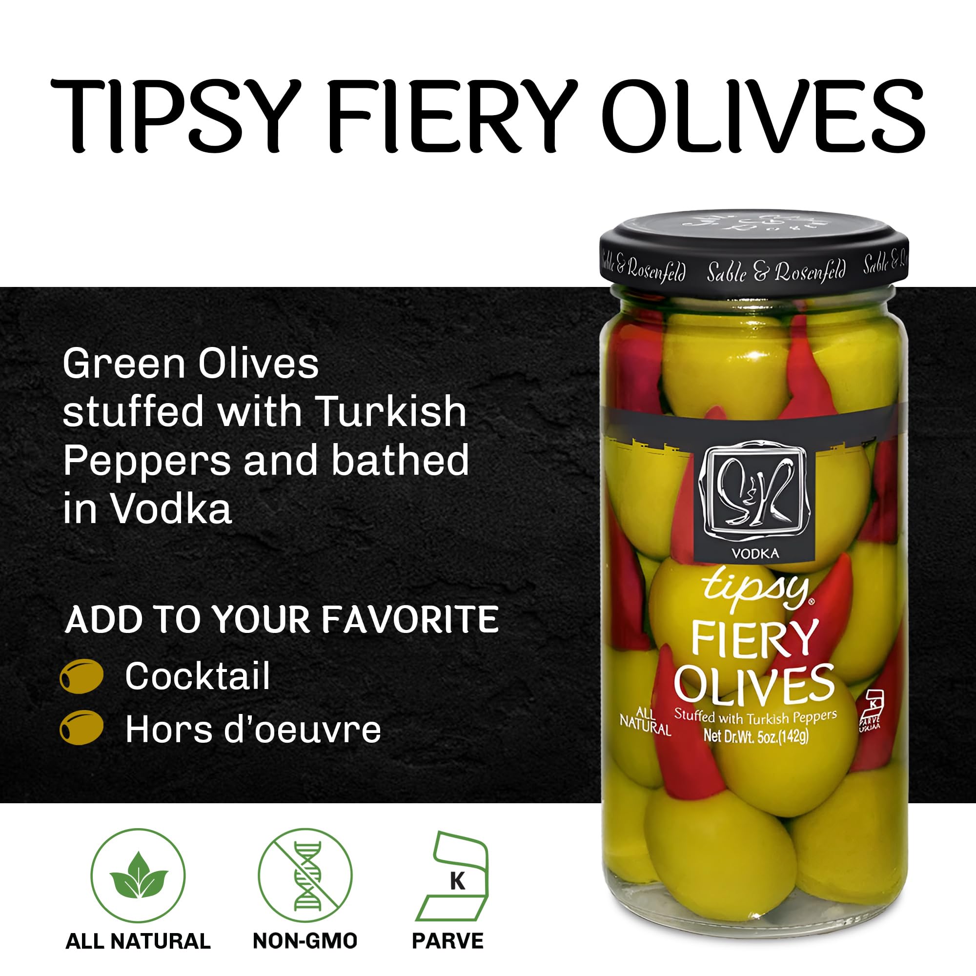 Premium Sable & Rosenfeld Tipsy Fiery Olives - Jumbo Green Olives Stuffed with Spicy Turkish Peppers - Perfect Vodka-Infused Cocktail Olives for Bloody Mary & Martini Garnish - Gourmet Bar Snacks & Party Appetizers - 5oz (Pack of 3) - Ideal for Home Entertaining, Cocktail Parties & Holiday Gatherings