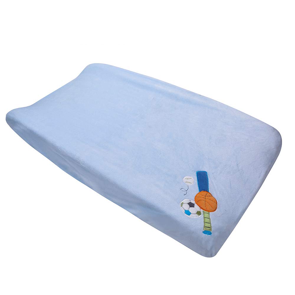 5-Piece Blue & Grey Sports Theme Nursery Crib Bedding Set for Baby Boys - Baseball, Basketball & Soccer Embroidery - Includes Quilt, Fitted Sheet, Crib Skirt, Valance & Changing Pad Cover (28