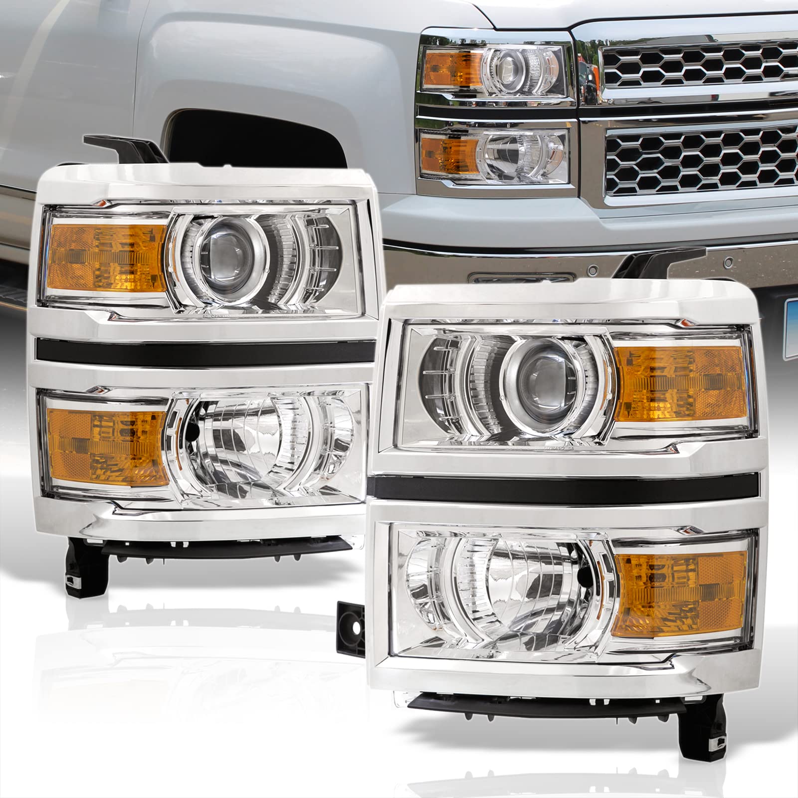 Chrome Housing Amber Reflector Signal Projector Headlights Assembly Pair Set LH+RH Compatible with Chevy Silverado 1500 Pickup 2014-2015 - Upgrade Your Truck Lighting for Night Driving & Off-Road Adventures