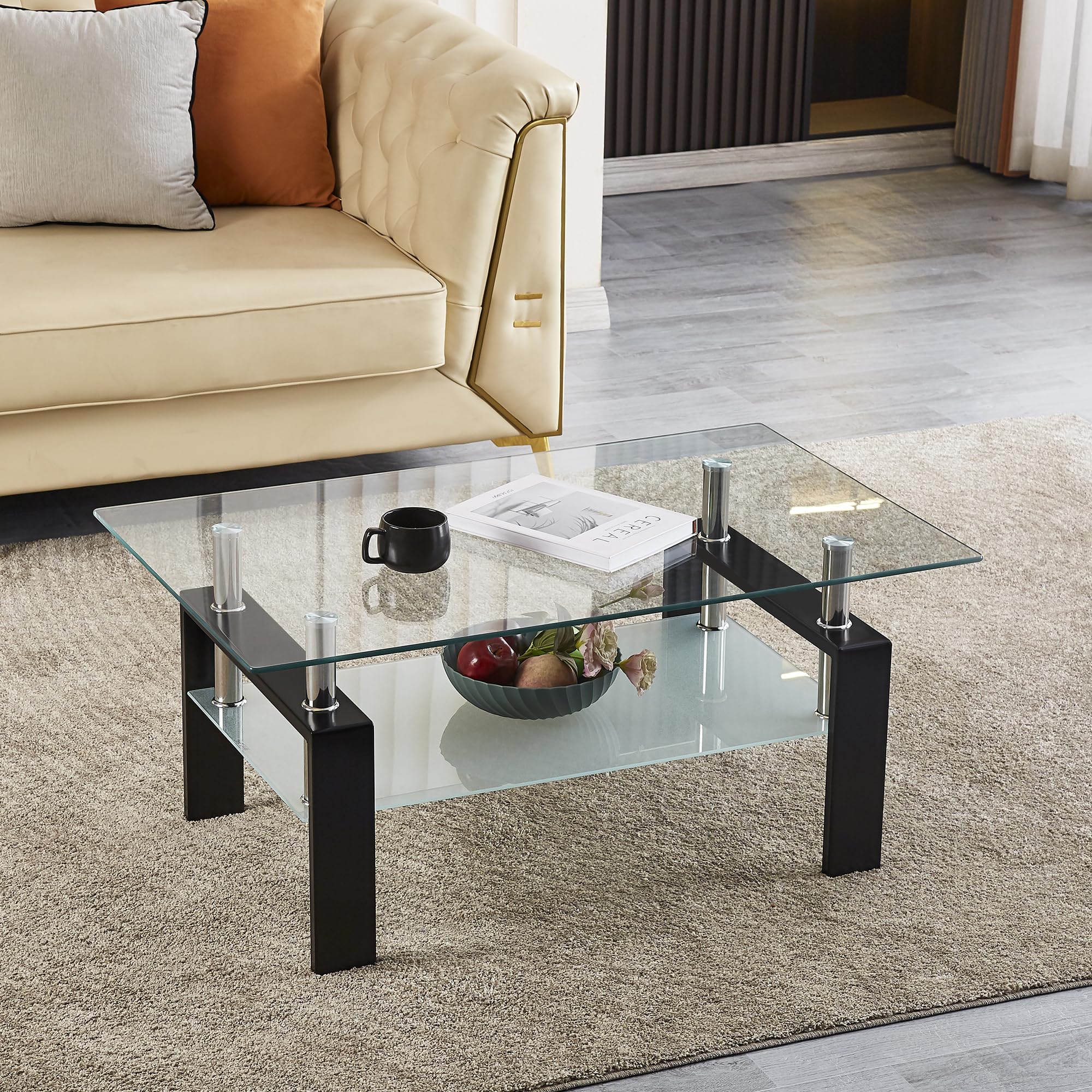Modern Clear Glass Coffee Table Set of 3 with Black Metal Legs - Transparent Waterfall Living Room Tables for Small Spaces - Perfect for Apartments, Condos & Contemporary Home Decor