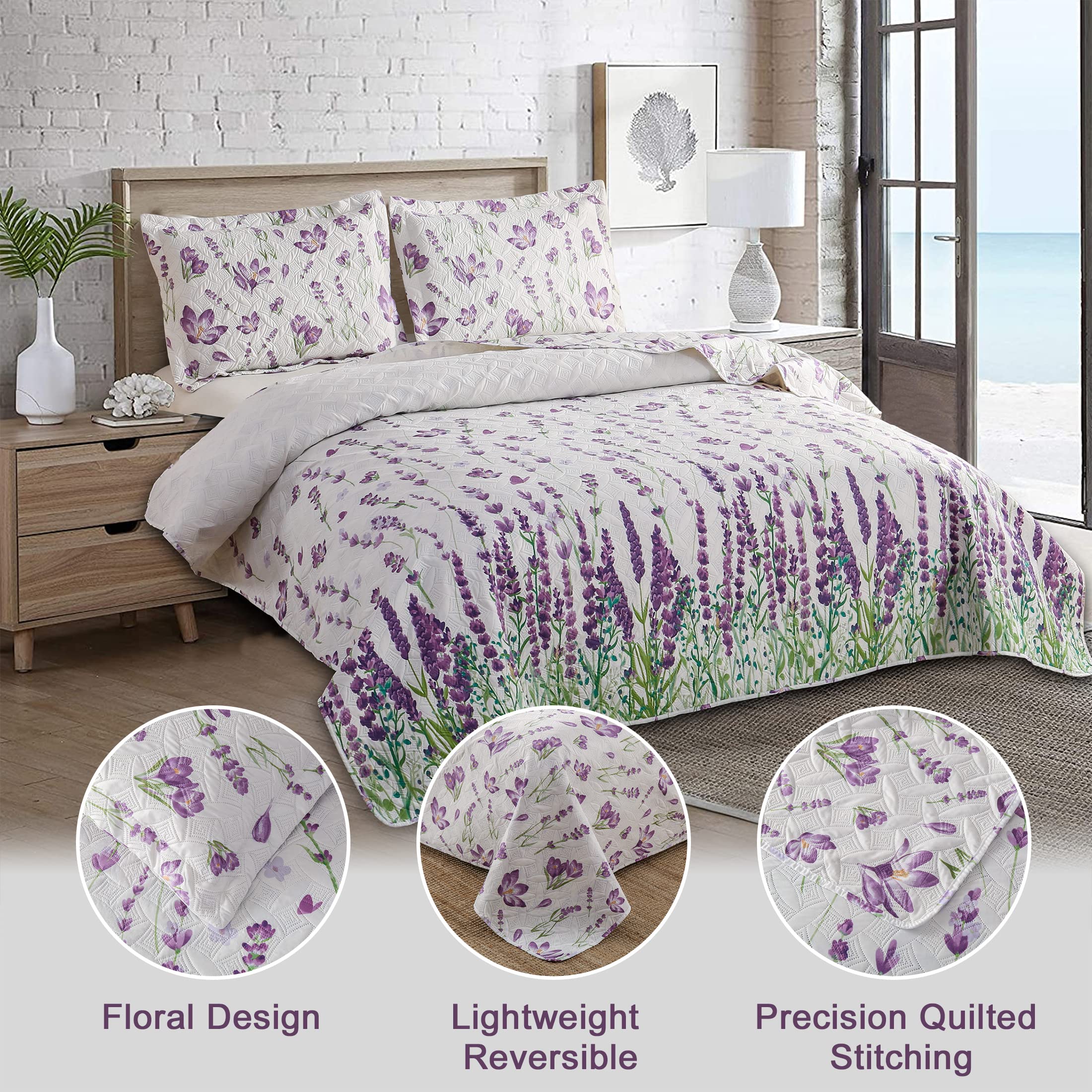 **Queen Size Floral Quilt Set - Lightweight Reversible Summer Bedspread with Green Leaves & Purple Flowers - Soft Home Bedding for Cozy Nights & Guest Rooms**