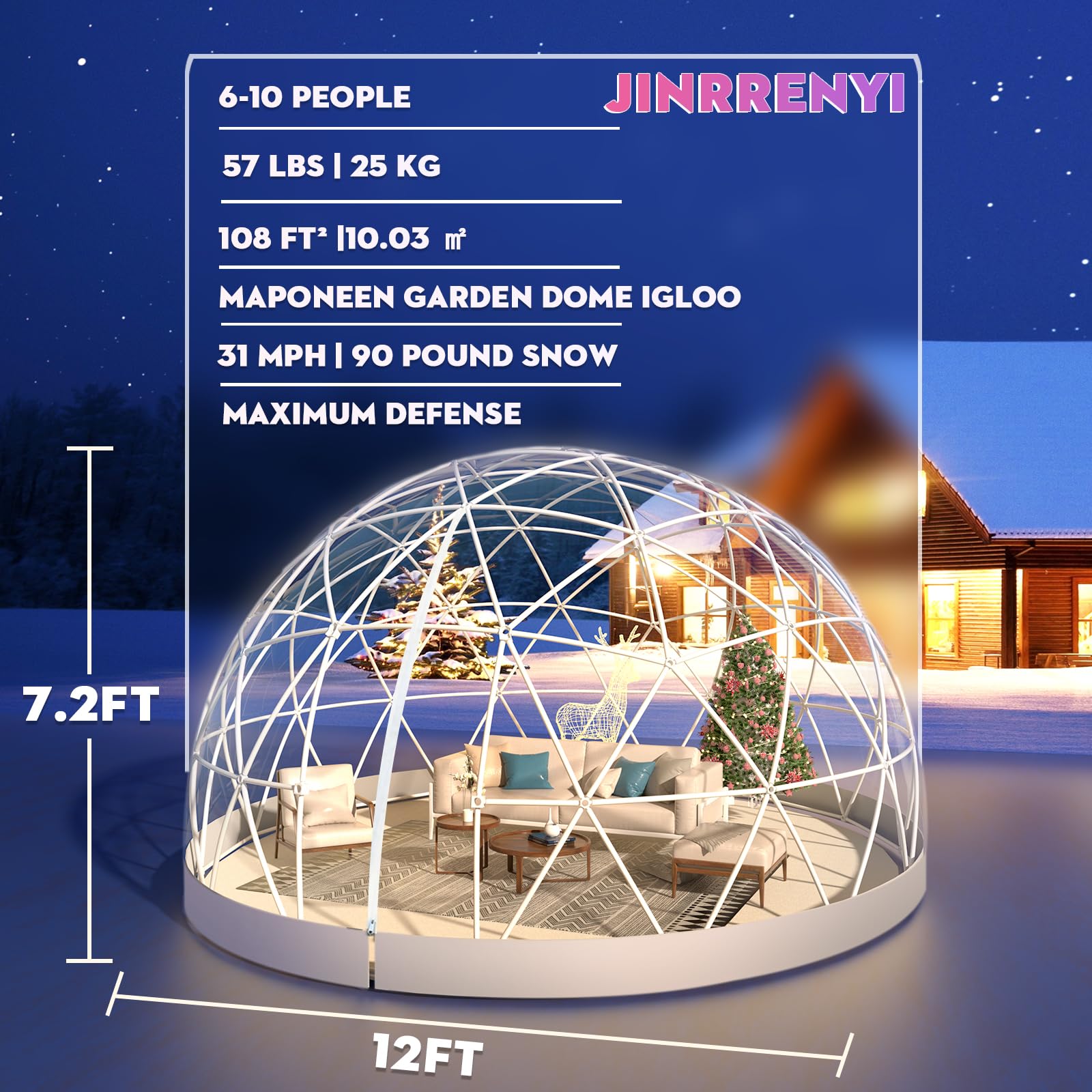 Premium Geodesic Dome Greenhouse Tent - 12x7.2FT Weatherproof Outdoor Bubble Tent with Transparent PVC Cover for Patio, Garden, Dining & Relaxation | White Igloo-Style Dome for Year-Round Use in Backyard, Camping & Outdoor Events