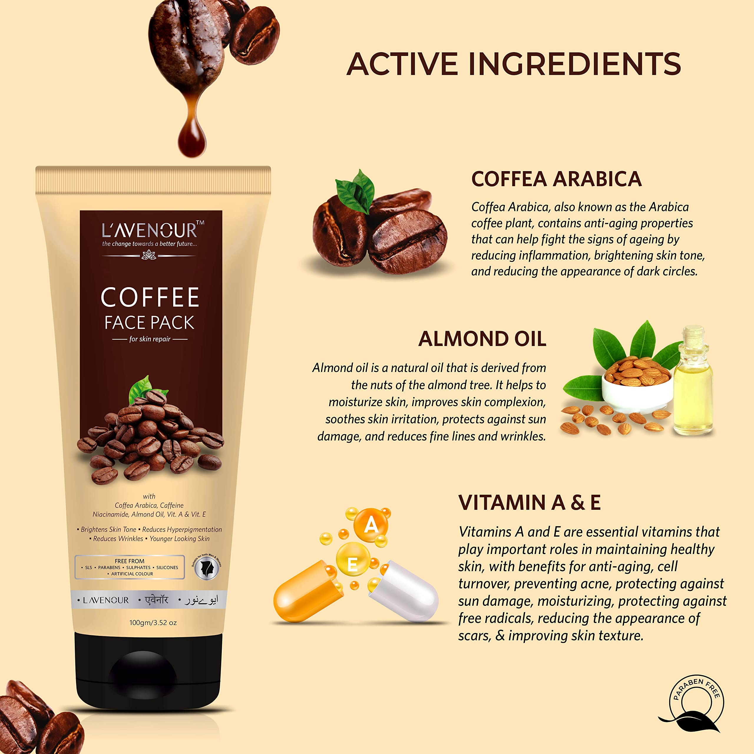 L'avenour Brightening Coffee Face Pack for Glowing Skin - Reduces Wrinkles & Hyperpigmentation, 100g | Natural Skincare for Daily Use & Spa Treatments