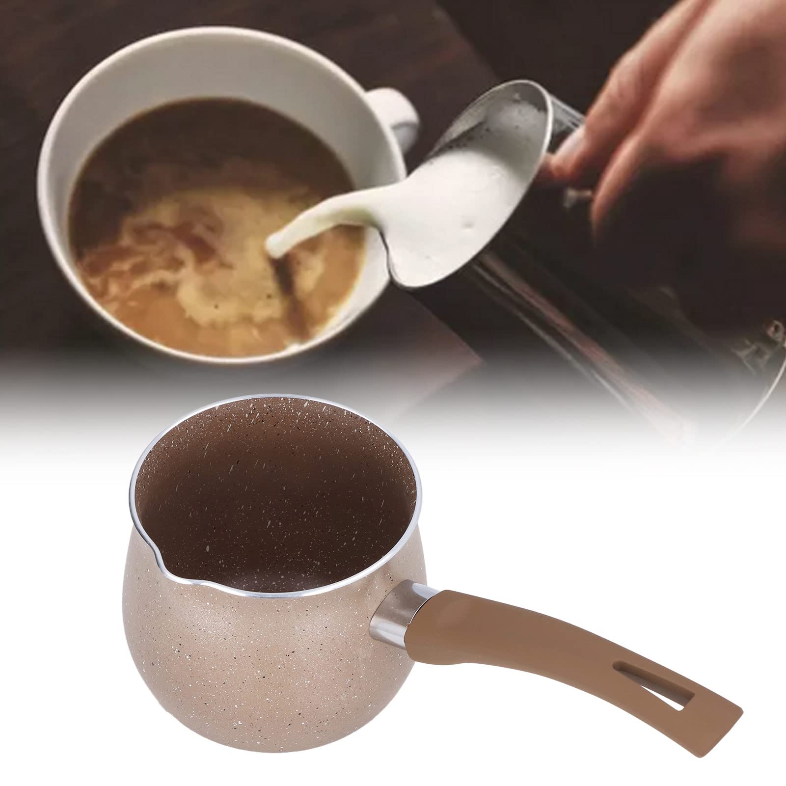 Single Handle Coffee Warmer Boiling Pot - Mini Milk Pan with Aluminum Alloy Non-Stick Coating, Anti-Scalding Design for Coffee, Tea & Cooking (Brown) - Perfect for Home, Office & Camping Use