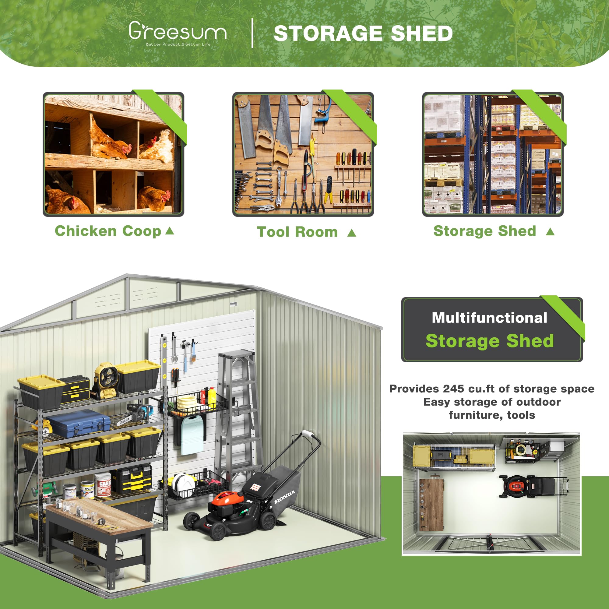 Greesum 6x8 ft Outdoor Storage Shed - Metal Utility Tool Shed with Lockable Door for Garden, Patio & Backyard Organization (Brown)