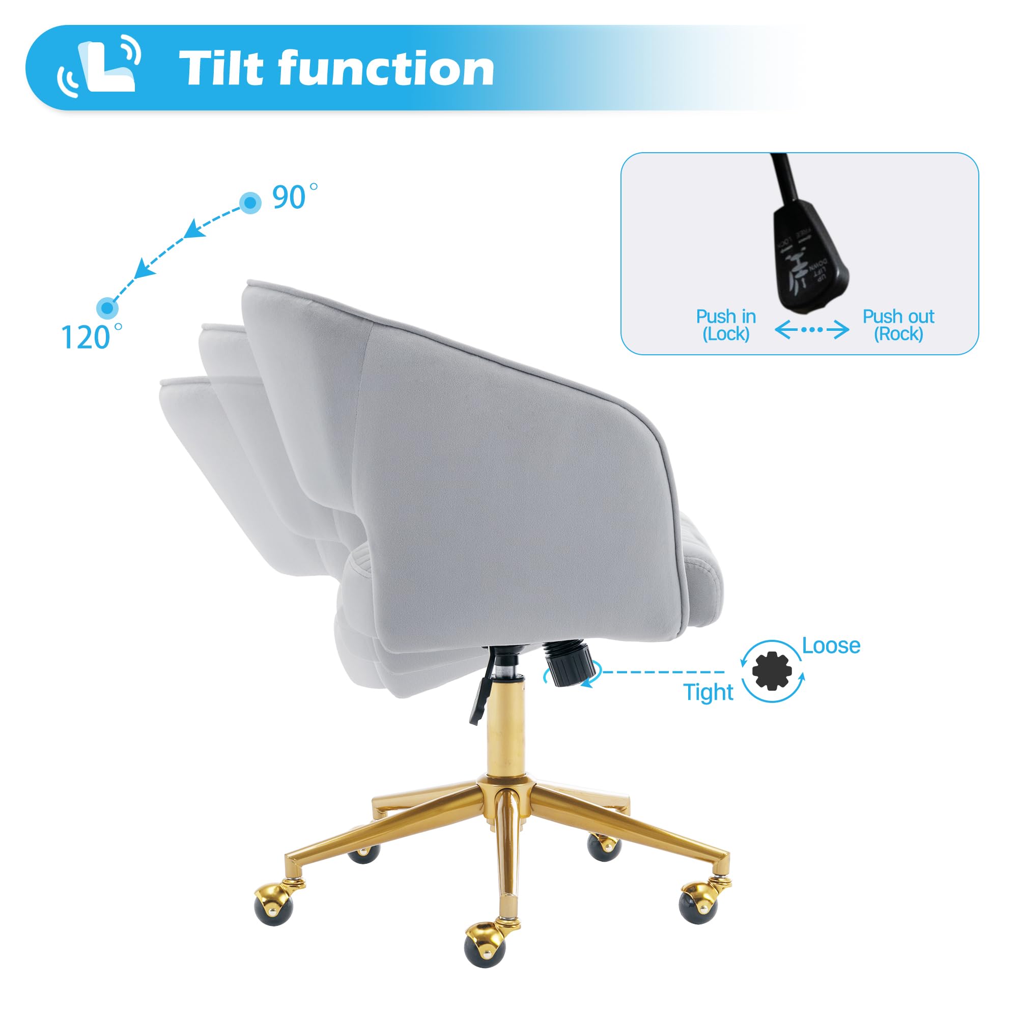 Ergonomic Velvet Swivel Office Chair with Gold Base - Modern Tufted Upholstered Desk Chair for Women, Girls, Home & Study - Comfortable Computer Task Stool for Living Room, Bedroom & Home Office (Light Gray)
