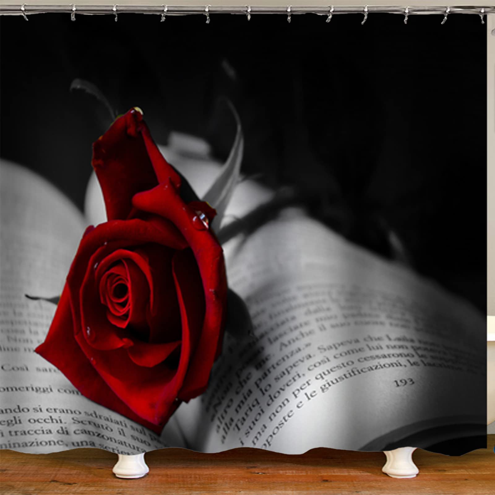 Romantic Red Rose Shower Curtain with Floral Blossom Design - Waterproof Fabric Bathroom Curtain with 12 Hooks (60x72 Inch) - Perfect for Vintage & Modern Bathrooms, Machine Washable Grey Black Decor