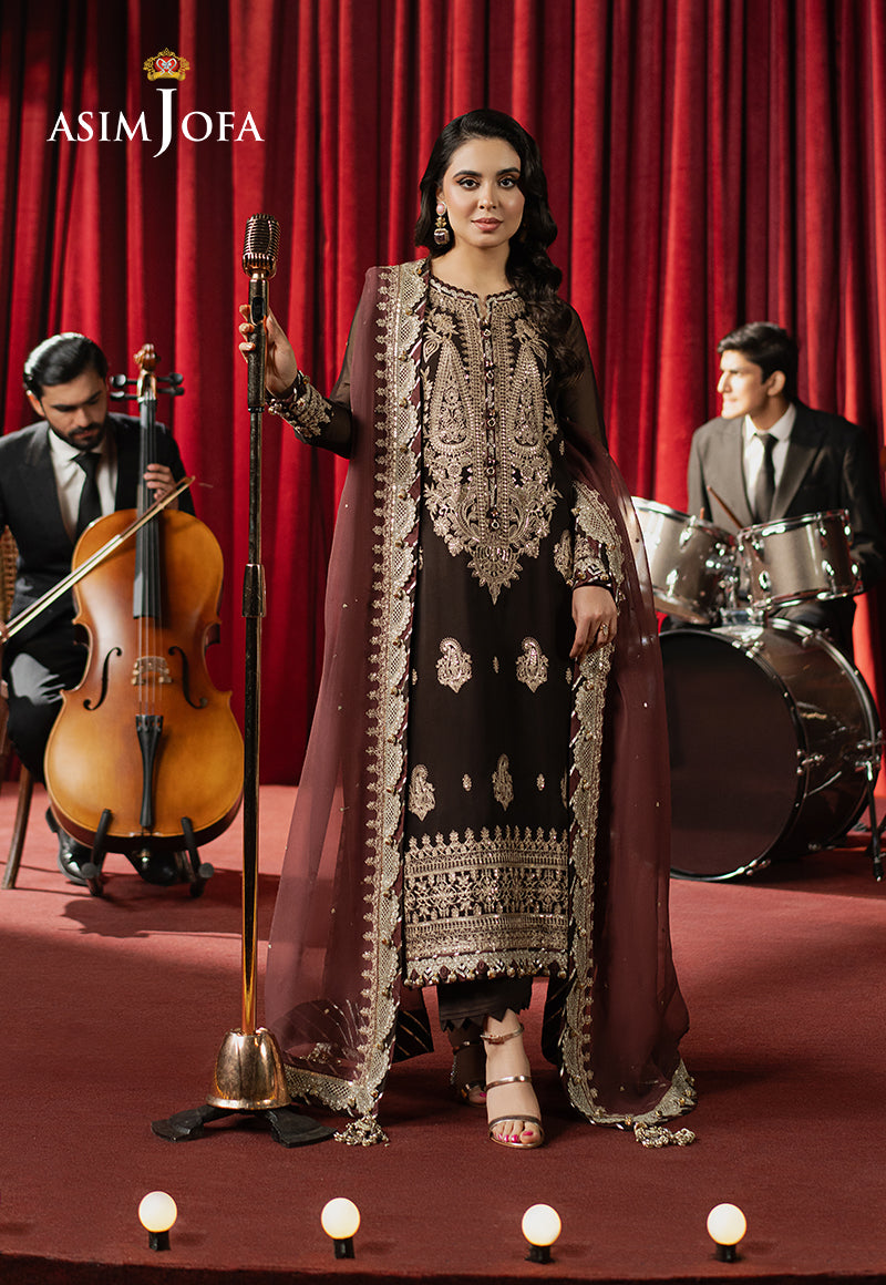 Elegant Chiffon Brown Stitched Suit by Asim Jofa - Perfect for Weddings, Parties & Formal Events