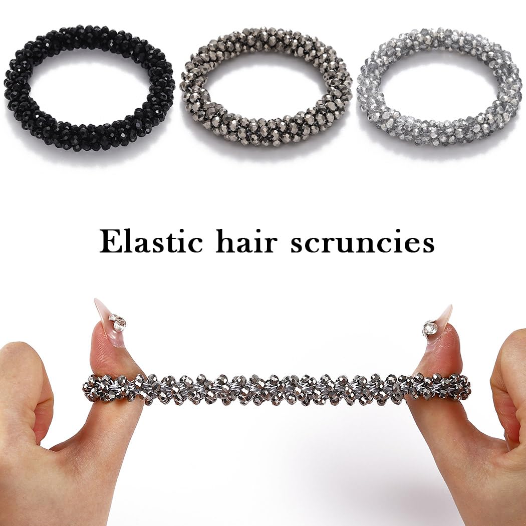Sparkly Crystal Hair Scrunchies for Women & Girls - Rhinestone Beaded Elastic Ponytail Holders (Pack of 3) | Perfect for Parties, Weddings & Everyday Glam Accessories