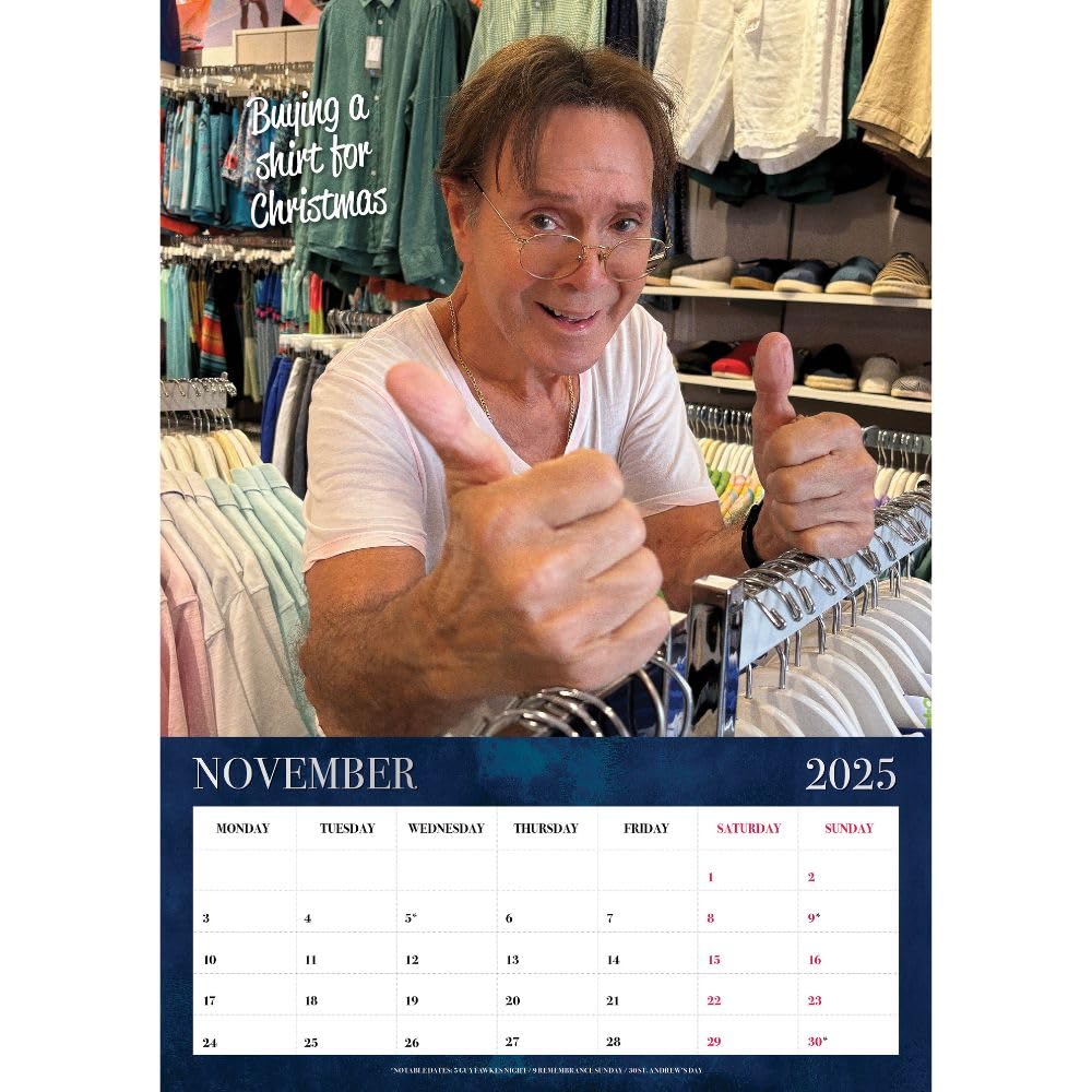 2025 Official Cliff Richard A3 Wall Calendar - Month to View | Perfect for Home, Office & Gift Giving | Rock Music Fans Collection